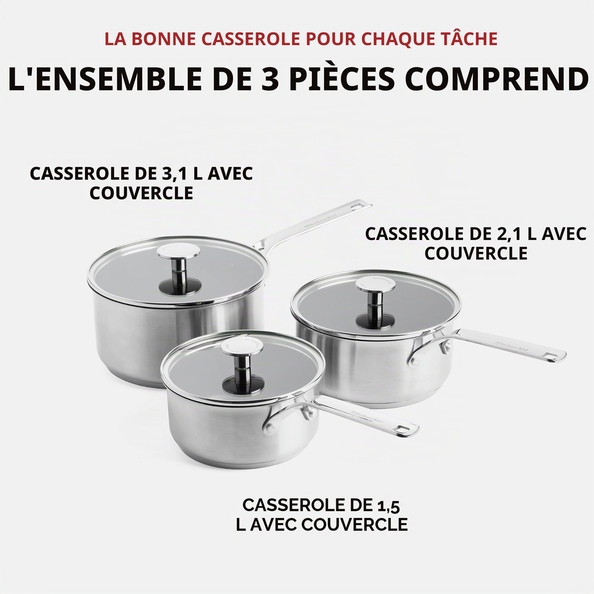 KitchenAid Stainless Steel Ensemble de casseroles antiadhésives en céramique sans PFAS de 16 cm, 18 cm et 20 cm en acier inoxydable, résistant à la chaleur, à l'induction et au four, argenté.