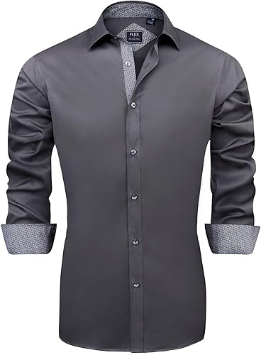 J.VER Camisa de vestir de manga larga para hombre, estilo informal, elástica, sin arrugas, ajuste regular, abotonada
