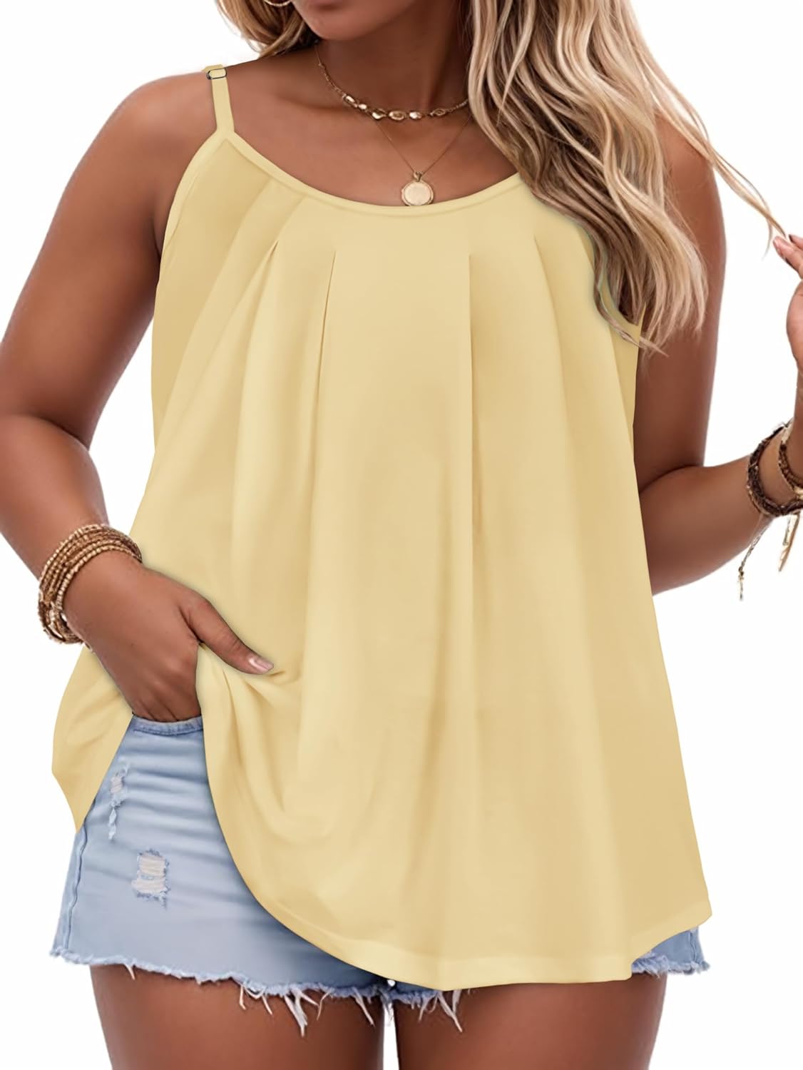 JOELLYUS Plus Size Tank Tops for Women Summer Casual Loose Pleated Spaghetti Strap Camisole Sleeveless Flowy Tunic Blouses