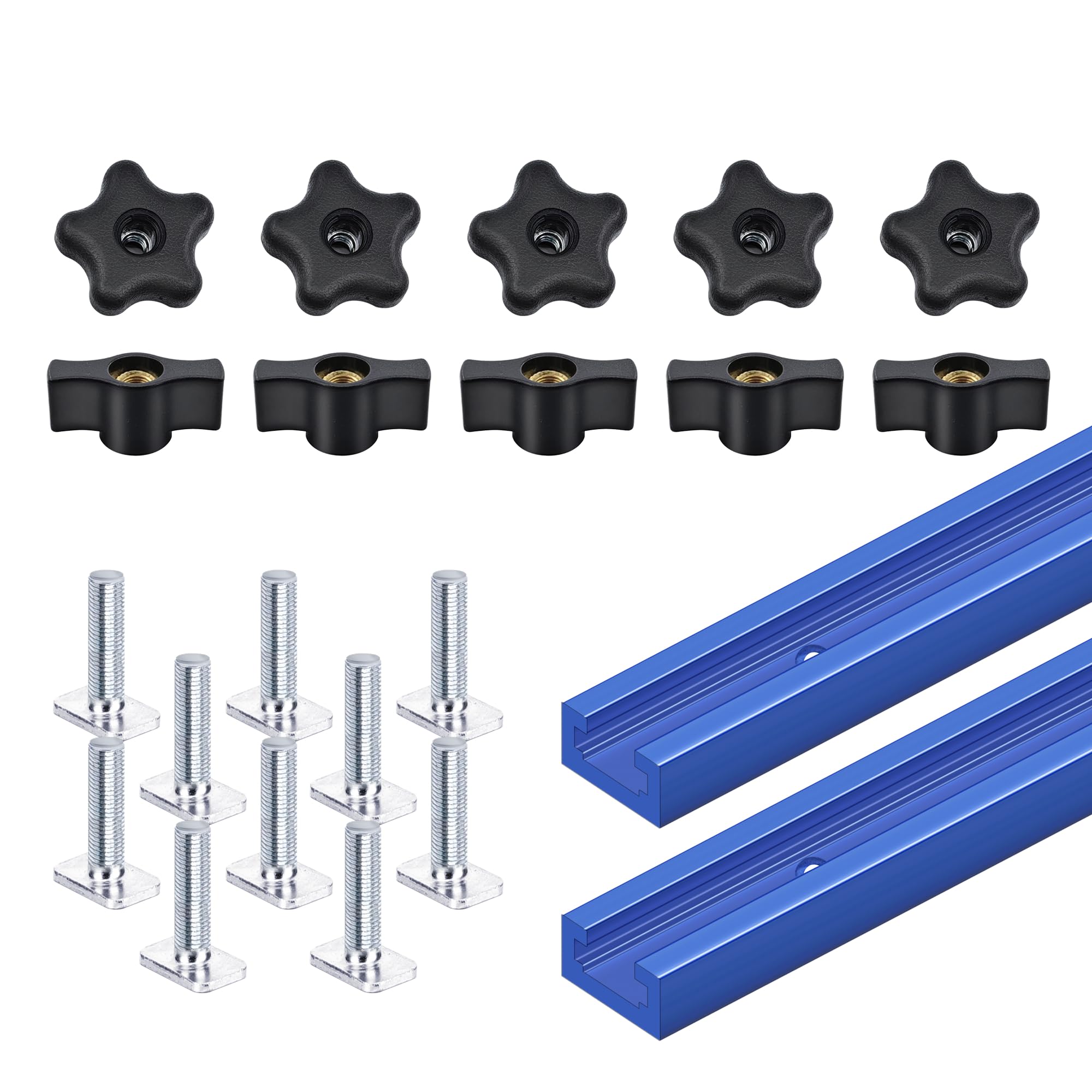2 Stück 61 cm T-Schiene mit 20 Stück T-Track-Knauf-Set für Holzbearbeitung mit Schrauben, Aluminiumlegierung, Holzbearbeitungswerkzeuge, Doppelschnittprofil, Universal-T-Schienen mit vorgebohrten
