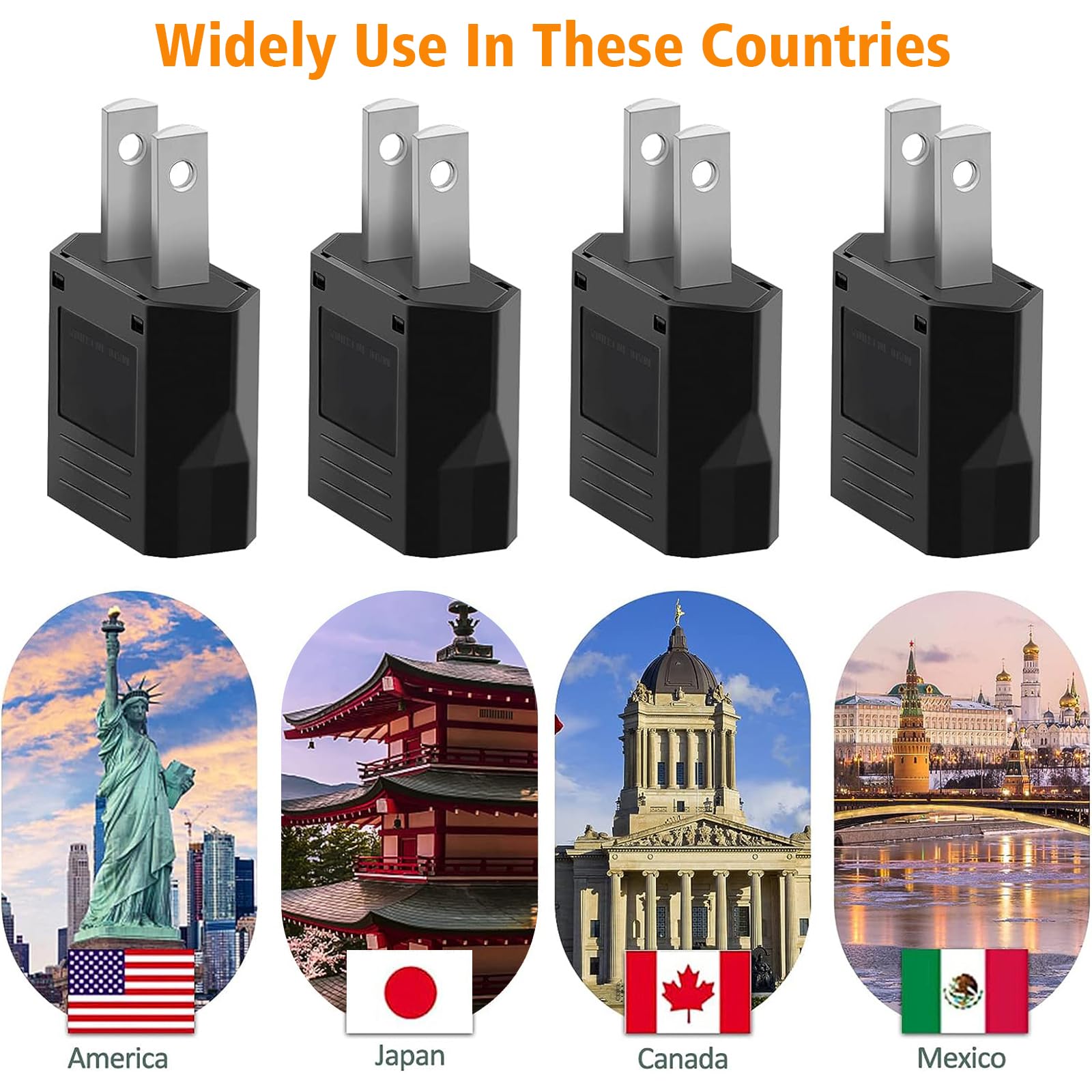 Clomnpe 4 Piezas Adaptador Enchufe Europeo a Americano, Adaptador Enchufe Americano a Español, Tipo C/E/F/L/N a Tipo A para Viajeros Que Visitan USA/Japón/México/Canadá-Negro — view 2