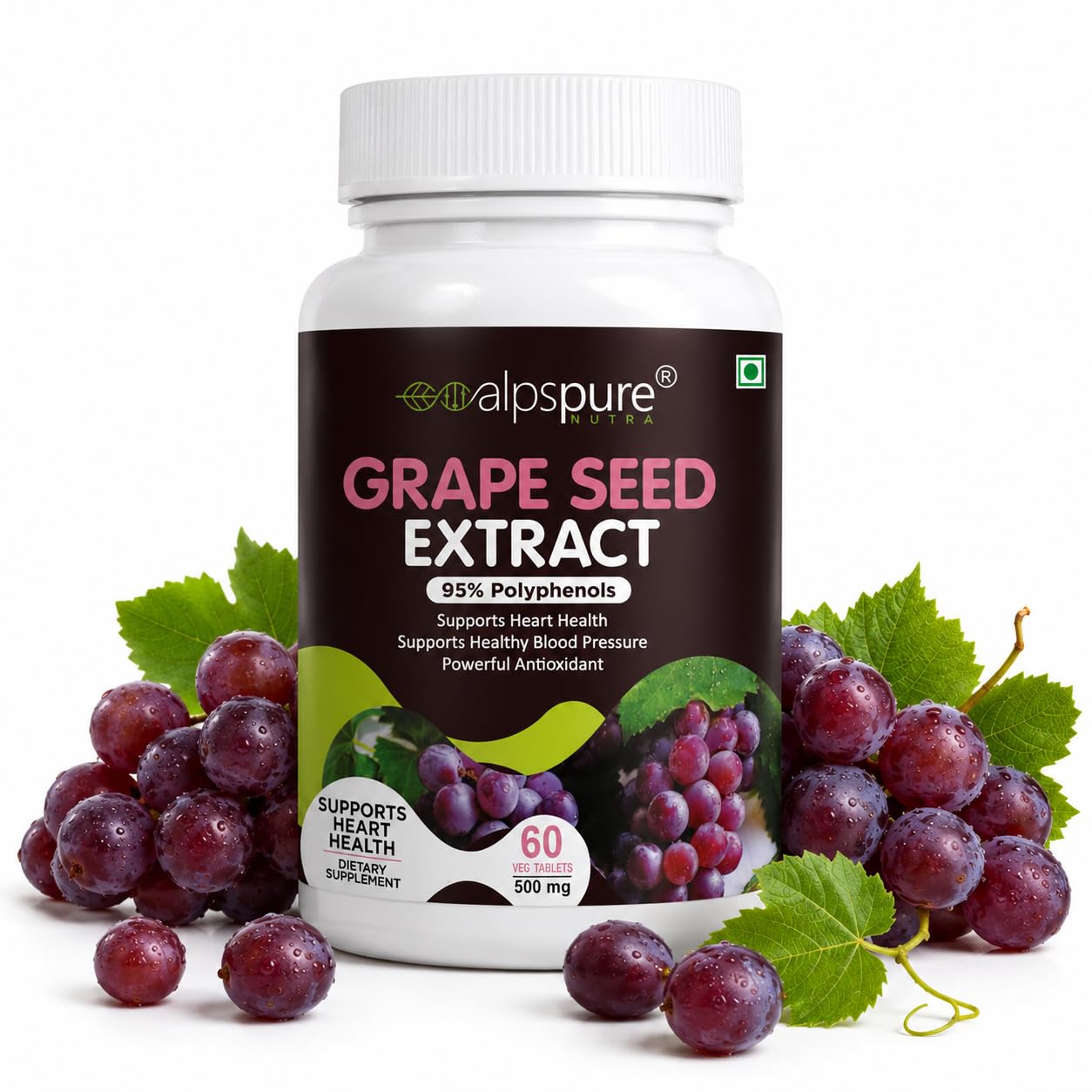 Alpspure Nutra Grape Seed Extract Tablets 500 mg | Supports Heart Health | Supports Healthy Blood Pressure | Powerful Antioxidant Supplement | 60 Tablets (Pack of-1)-image-35