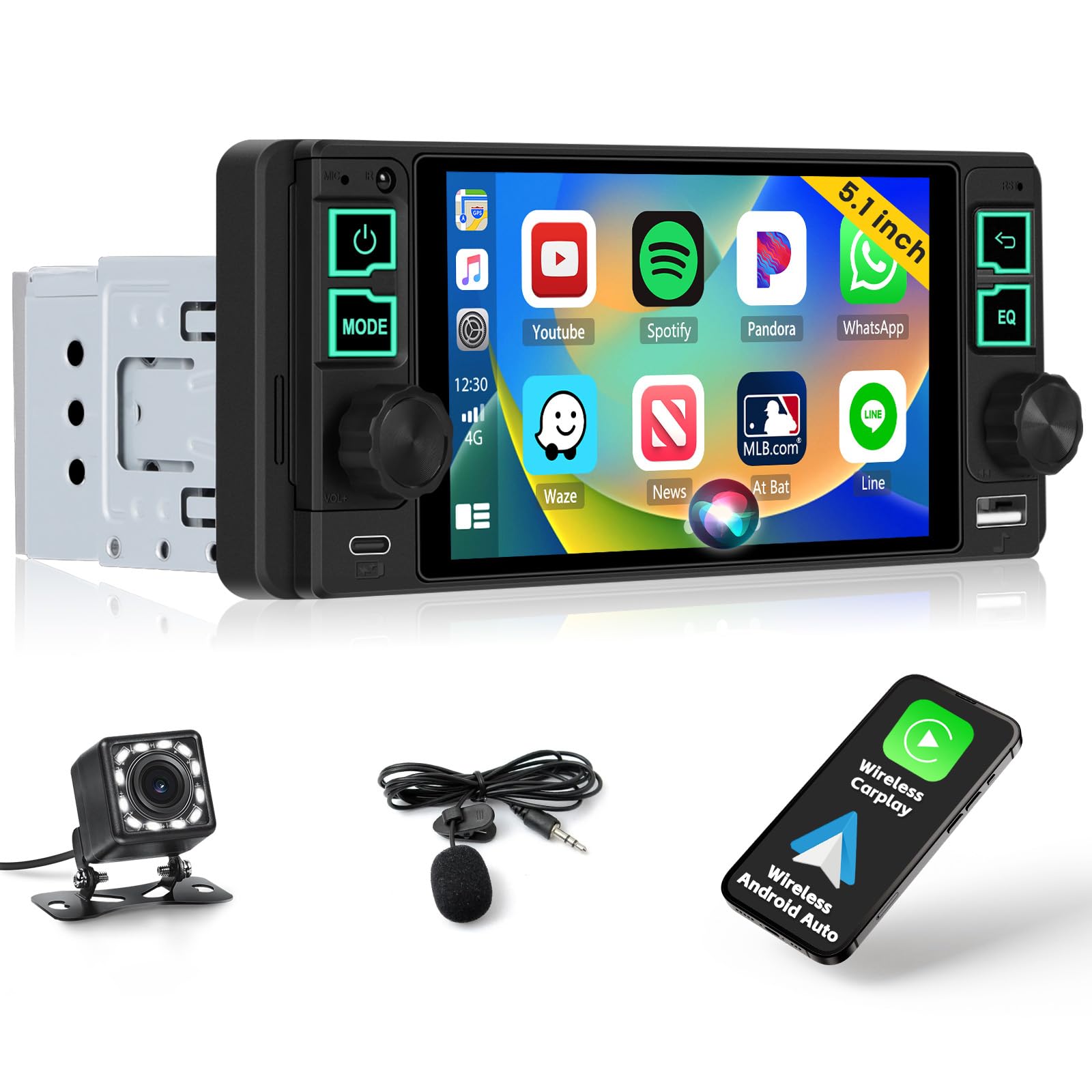 Inefala Radio samochodowe 1 DIN z 5,1-calowym ekranem, bezprzewodowy Carplay, Android Auto, Bluetooth, Mirror Link, radio FM, USB Type-C, tylna kamera, mikrofon