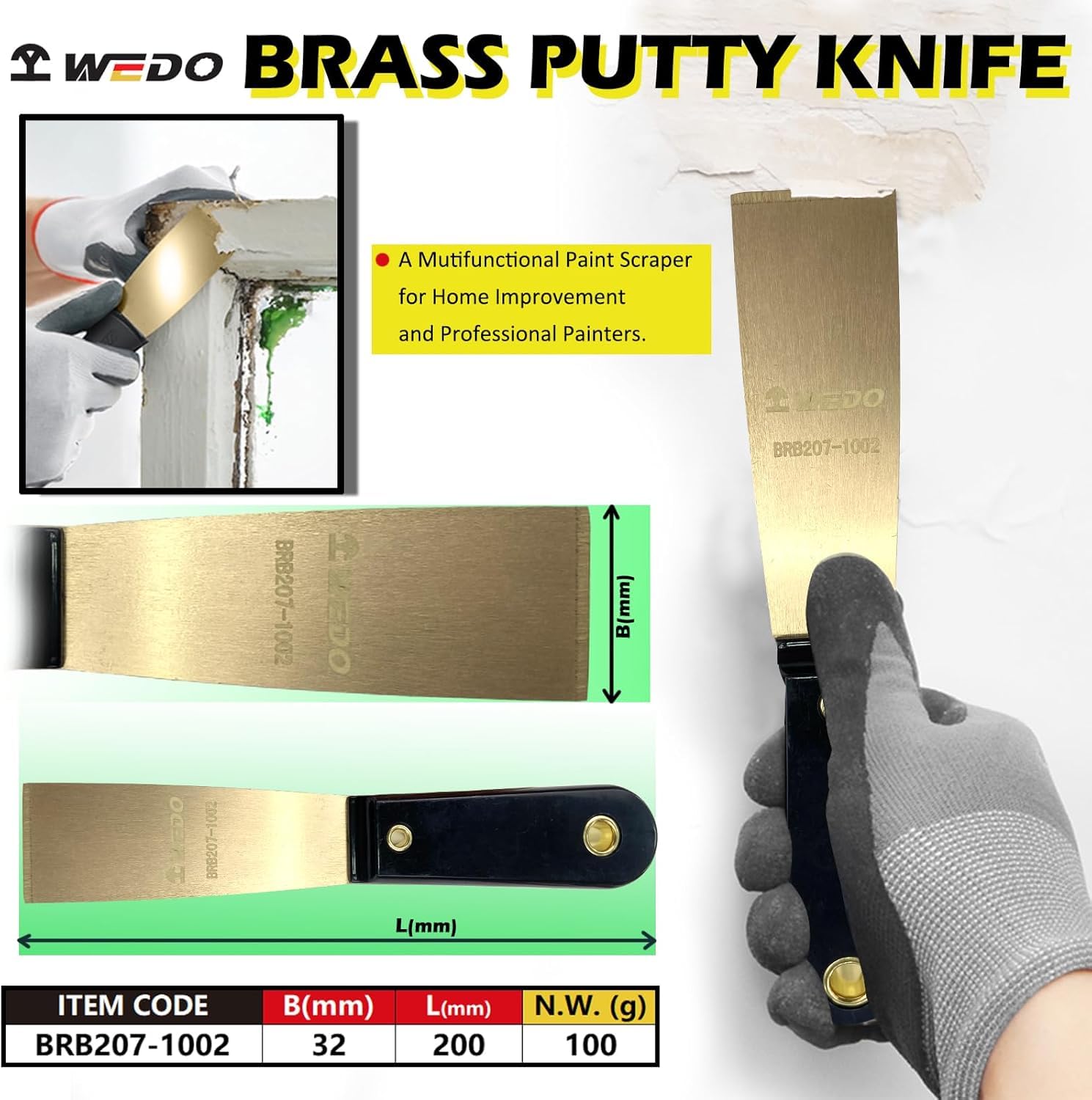 WEDO 2pcs Brass Putty Knife Set, 1-1/4 "raschiatore di vernice con manico di bakelite, coltello per pittori, raschiatore per intonaco raschiatura finitura in cartongesso, 8" lunghezza
