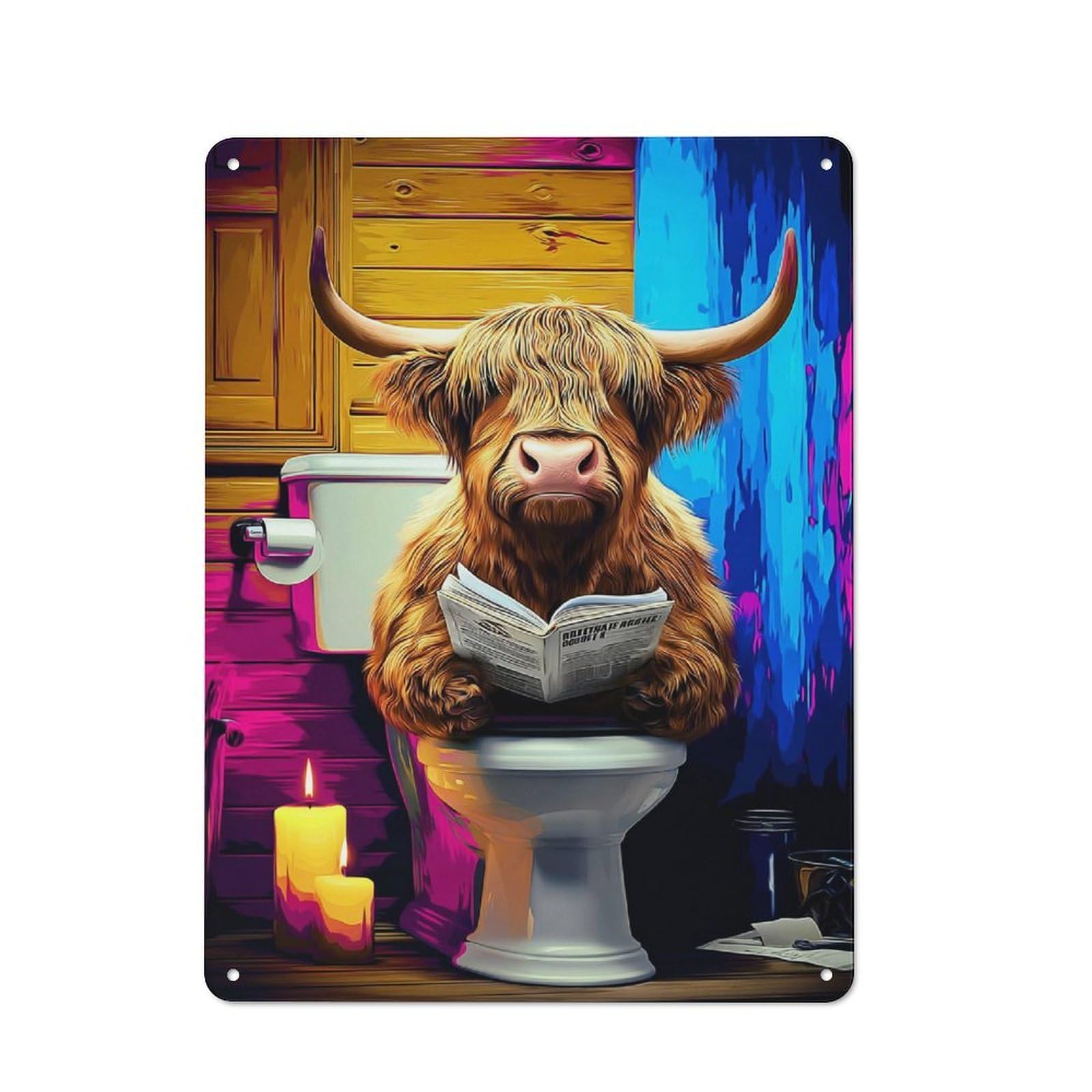 Highland Cow Reading Newspaper Retro-style Tin Sign 40x30cm for Living Room Or Hallway, for Home Wall Decor Collectors Refreshing A Room in Autumn