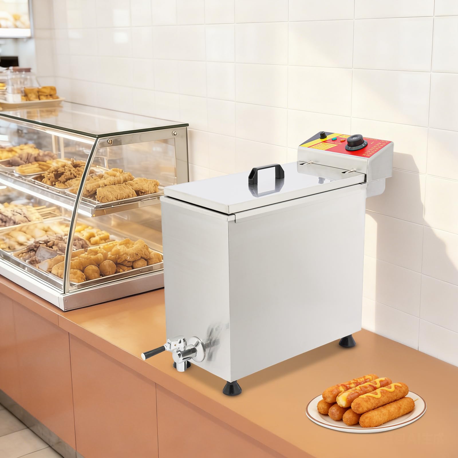 Professionelle Edelstahl-Fritteuse 3000W, mit Ablasshahn, 12-Haken-Racks, Deckel & Überhitzungsschutz, regelbare Temperatur 30-200°C, 25L Große Fritteuse für Gastronomie & Haushaltsgebrauch