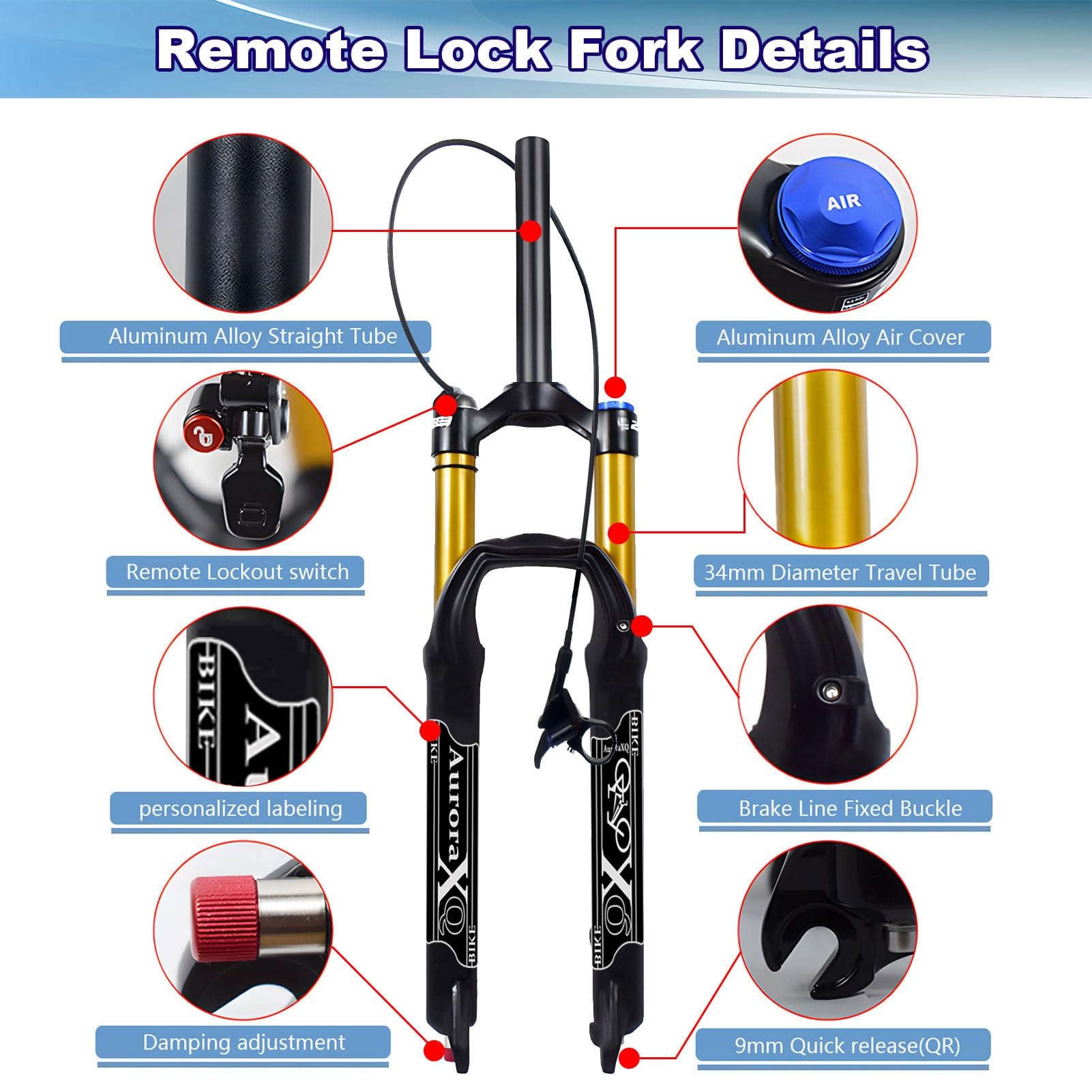 Forcella Anteriore per Mountain Bike AuroraXQ 26/27,5/29 Pollici, Dritta/conica, Freno a Disco, Lega di magnesio, Escursione 140 mm, sgancio rapido 9 mm, Forcella Ammortizzata per