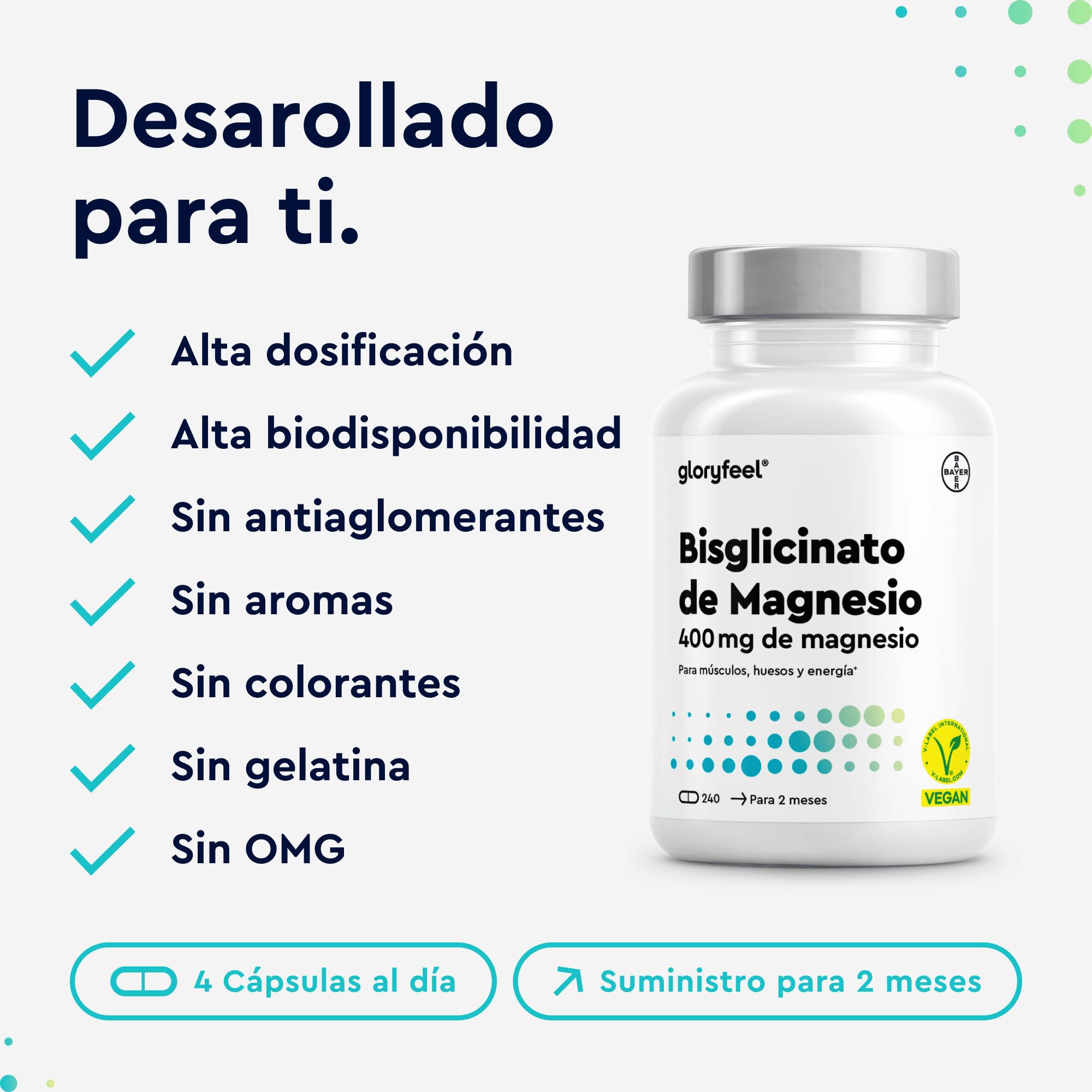 Glicinato de Magnesio 240 Cápsulas - 400 mg de magnesio elemental/dosis diaria - Suministro para 2 meses - Magnesio quelado - Inocuo para el estómago, vegano, de alta dosificación