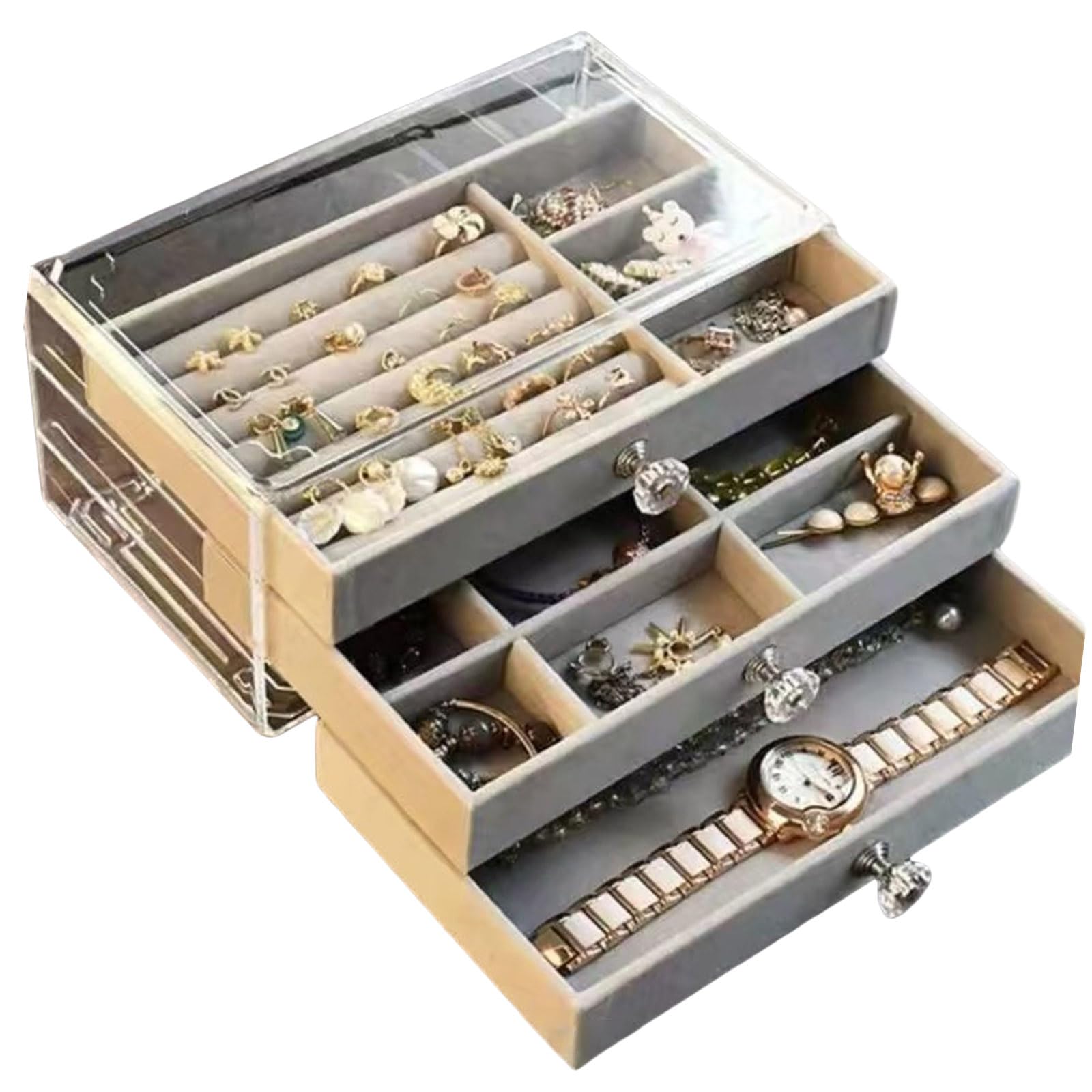 Organiseur de bijoux en velours à 3 tiroirs empilables pour bagues et colliers