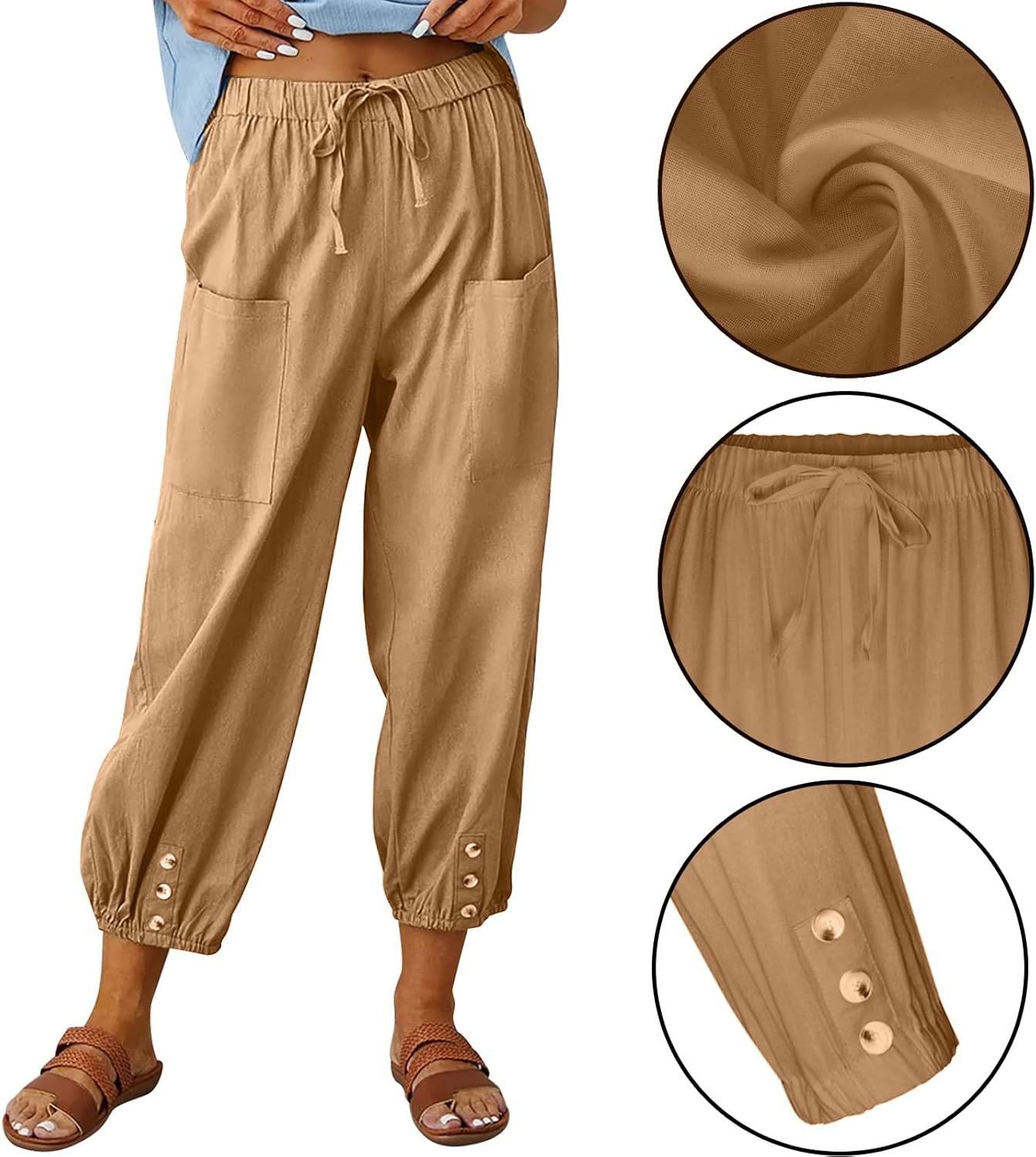 WROLEM Womens High Waist Pants Drawstring Wide Leg Cropped Casual Loose Capris with Pockets for Women - Image 3