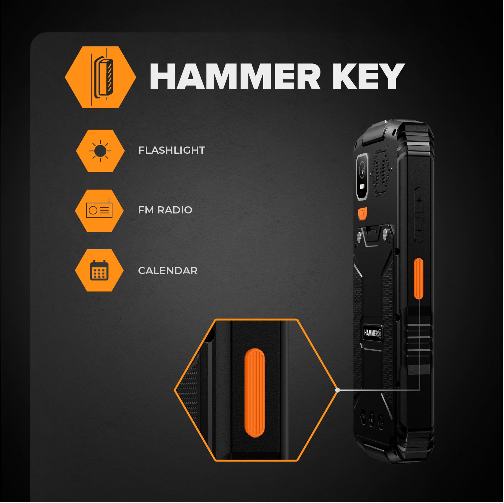 Hammer H Horizon LTE Telefono Rugged senza Contratto, Batteria 3000mAh, 64 GB, Display IPS 2,8", Tasti Grandi, Tasto SOS, Torcia, Fotocamera 2 MP, Radio FM, USB-C, Dual SIM, IP68/MIL-STD-810H, Nero
