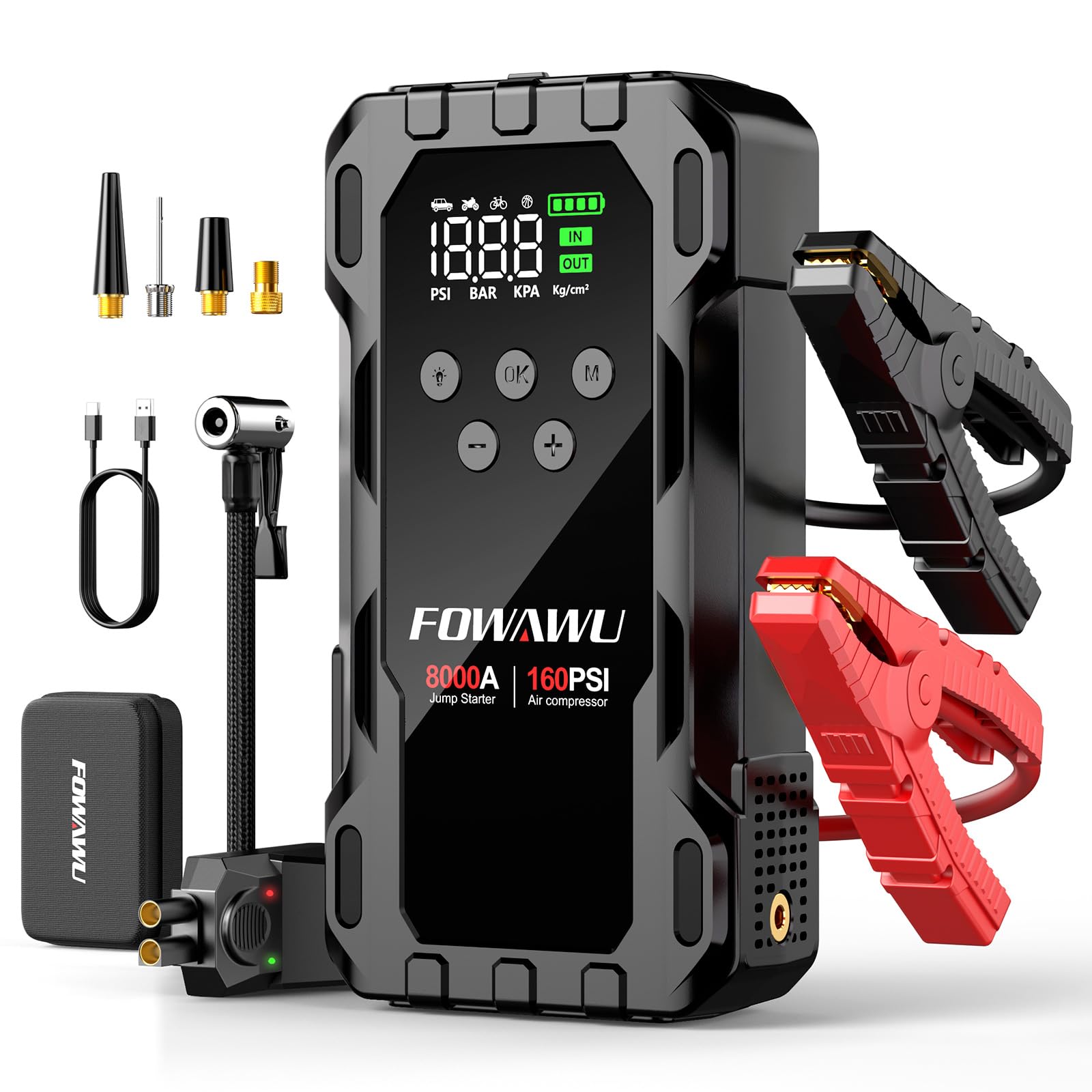 FOWAWU 8000A 26800mAh Jump Starter with Air Compressor, Car Battery Jumper Starter Power Bank (All Gas/10.0L Diesel), Cordless Auto-Shutoff Tire Inflator 160PSI, Low Voltage Boost, 600LM LED 8000×26800