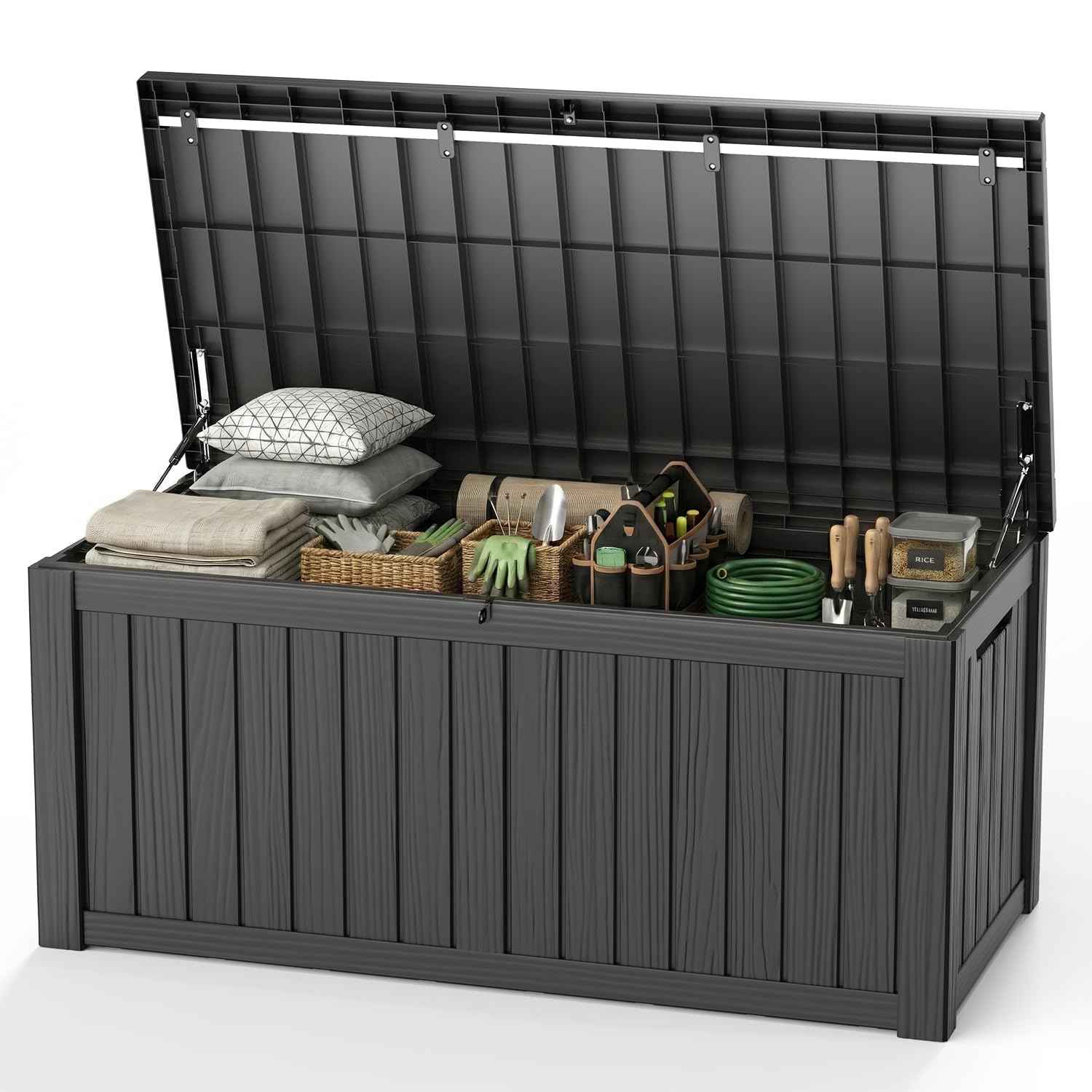 150 gallon outdoor waterproof resin storage deck box lockable outside bench uv resistant bin patio porch furniture pool float garden tool cushion black