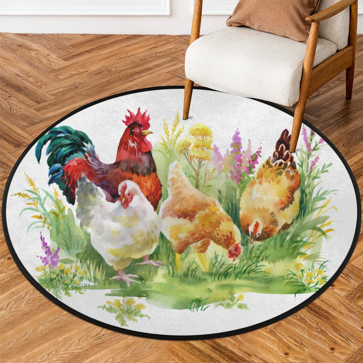 TropicalLife Okrągły dywanik z kurczakami, 160 cm, kurczaki, kogut, kogut, dywaniki, do pokoju, domu, wewnątrz, antypoślizgowa, do wewnątrz, duża mata