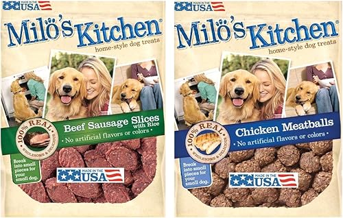 Milo DE COCINA Dog Treats Bundle Meatballs de pollo y carne de vacuno salchicha 18oz cada
