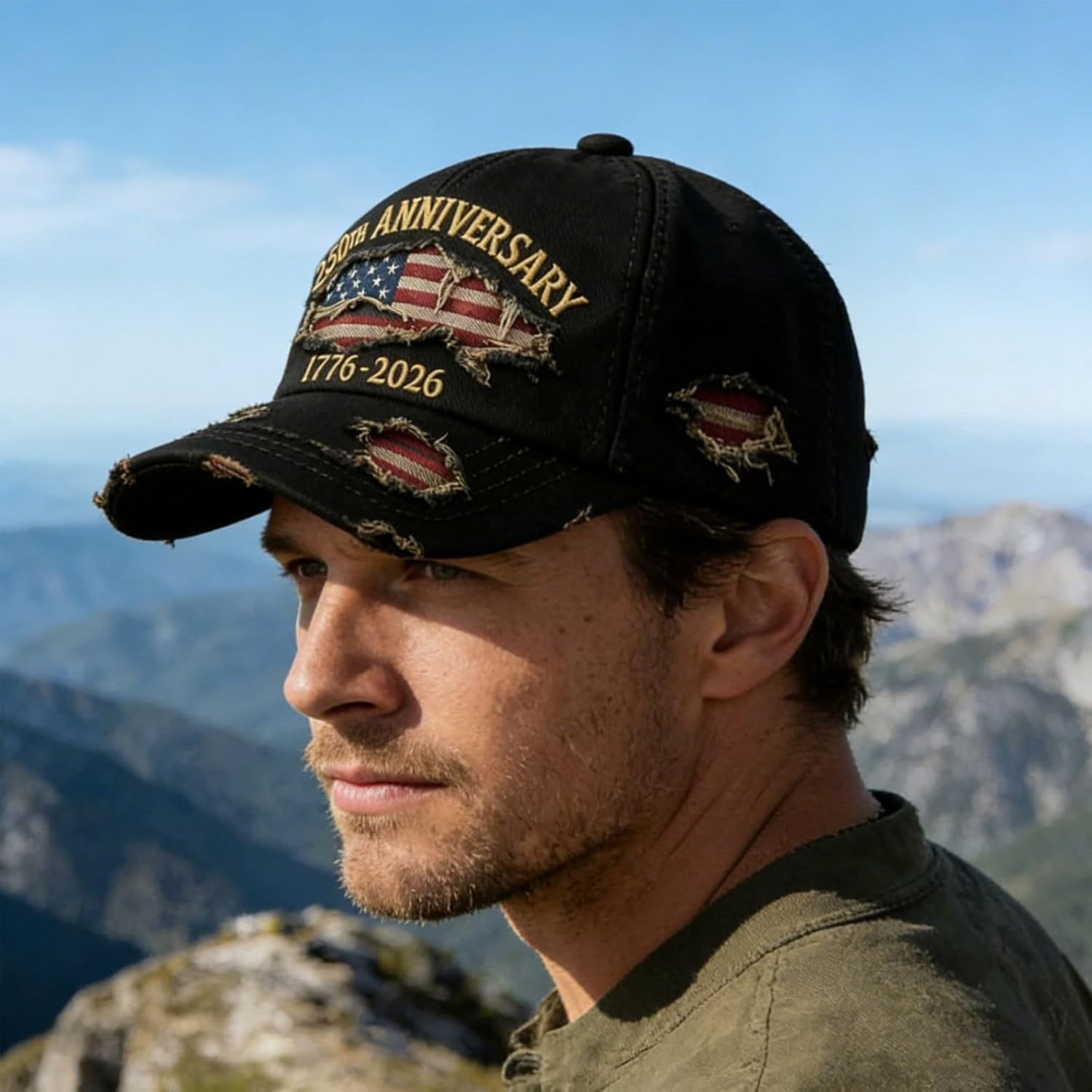 250th US Anniversary Distressed Denim Hat – 1776–2026 Embroidered Patriotic Baseball Cap, Adjustable Metal Buckle - Image 3