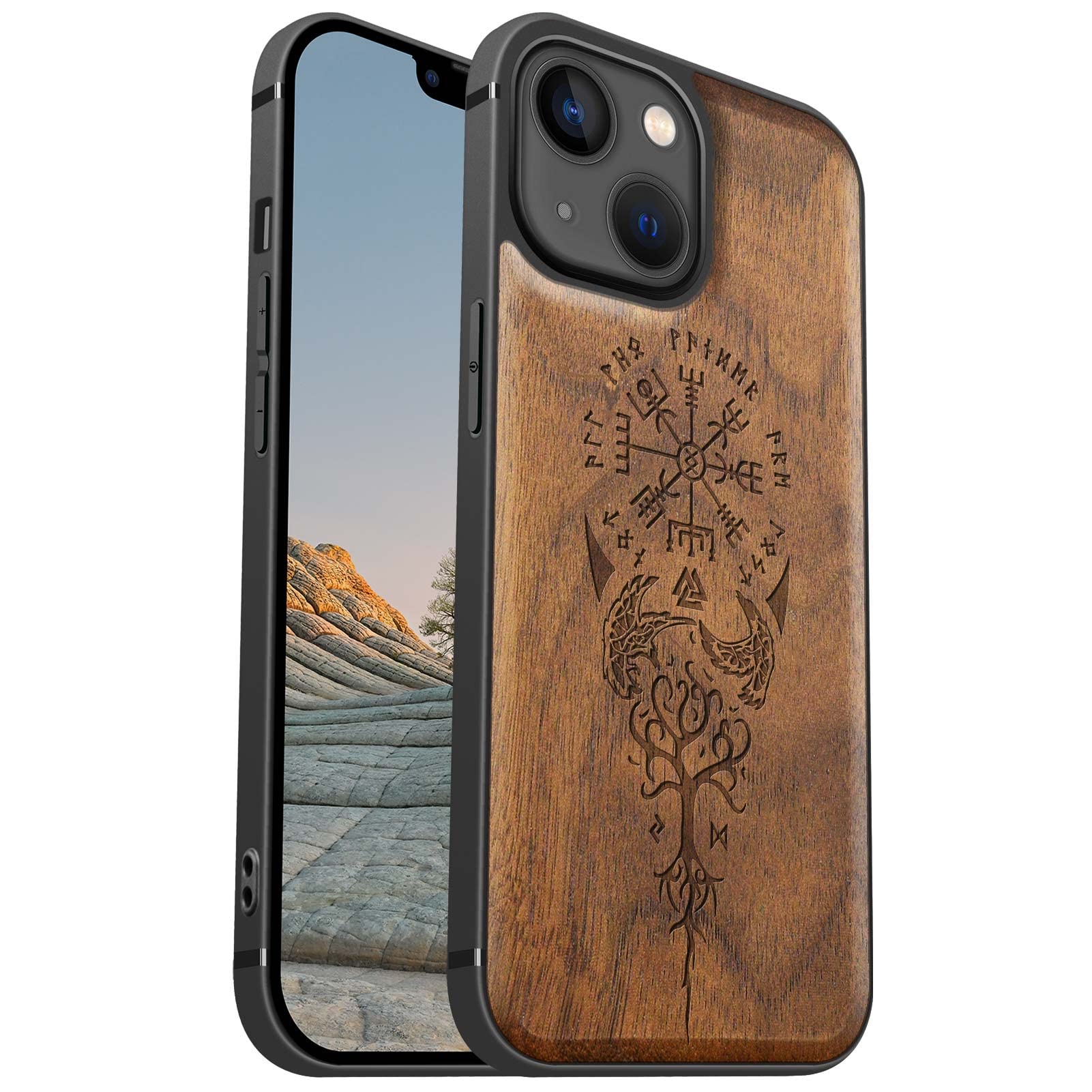 Carveit Magnetic Wood Case For IPhone 14 - Hard Walnut Wood & Soft TPU Shockproof Hybrid Protective Cover - Unique & Classy Viking Compass Vegvisir Design - Compatible With MagSafe