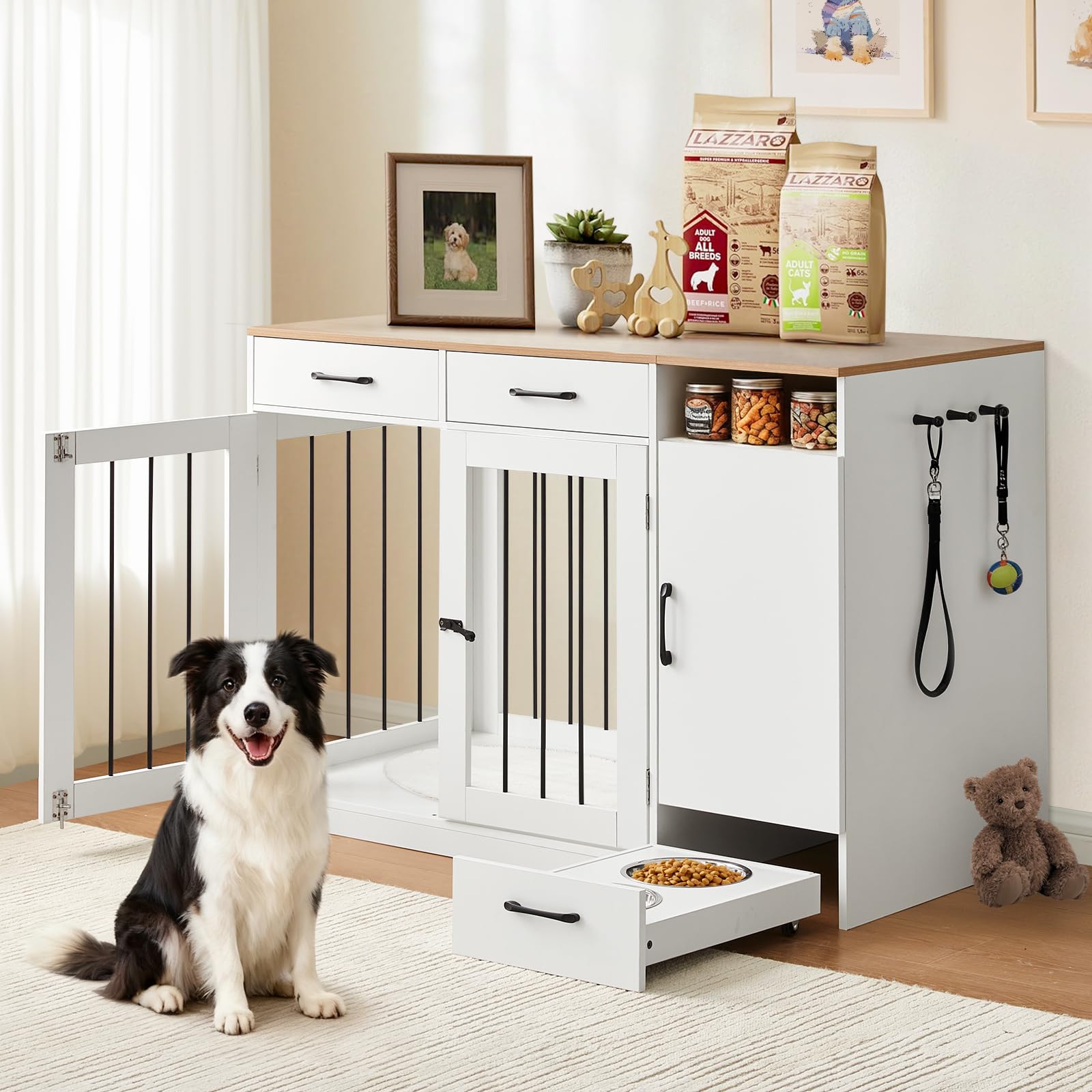 TUKAILAi Dog Crate Furniture Style with Pet Feeder Station, Heavy Duty Pet Pen House Kennel Cabinet with Drawer Storage, Indoor Dog Cage with Raised Dog Bowls for Small Medium Dogs