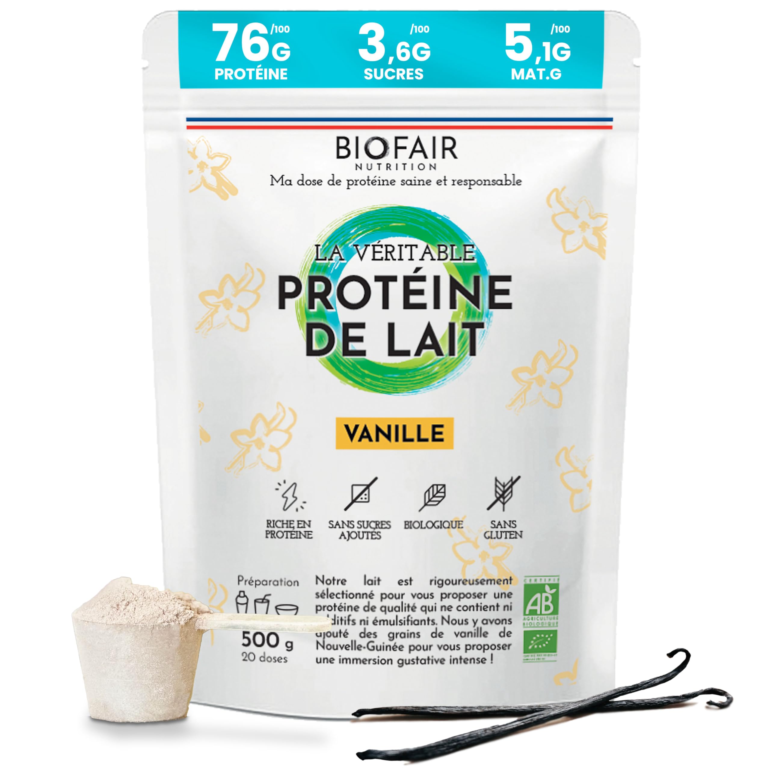 Whey Protéine Vanille Bio - Saine, 100% Naturelle et Issue de Nos Pâturages Français - Goût Vanille - 500 Gr