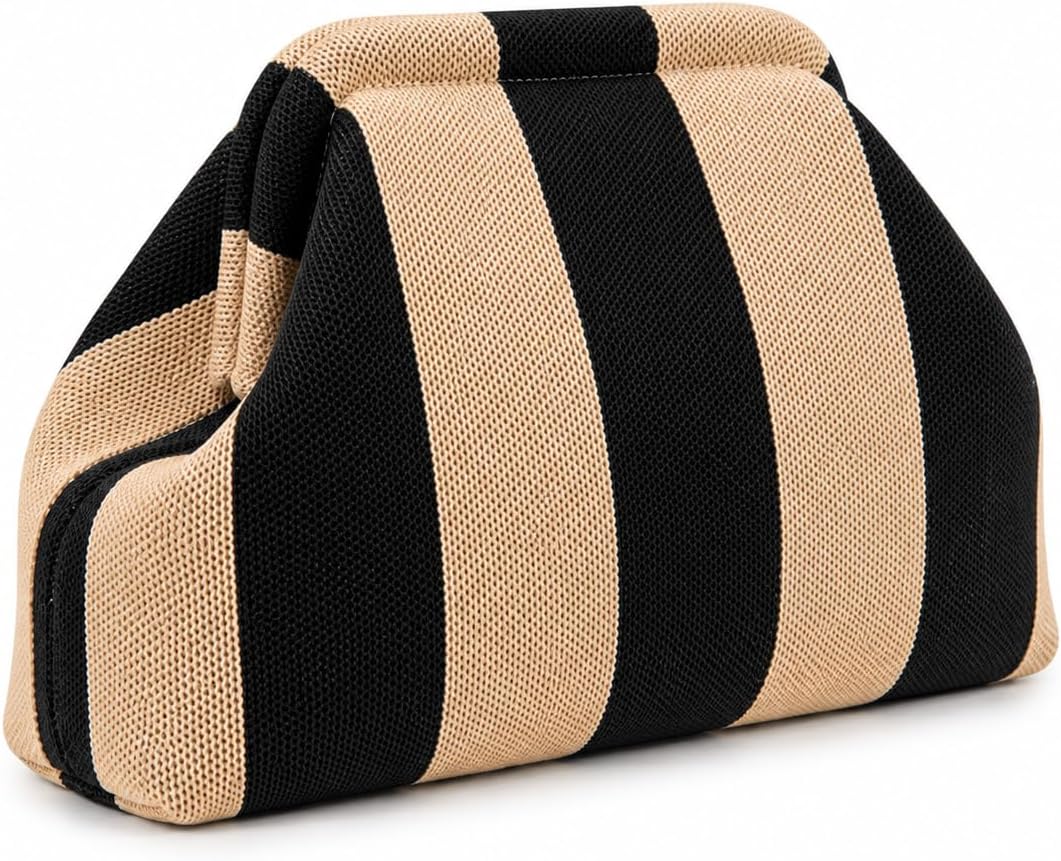 Striped Woven Clutch Makeup Bag for Women, Elegant Stylish Large Capacity Everything Dumpling Pouch for Everyday,Beige Black