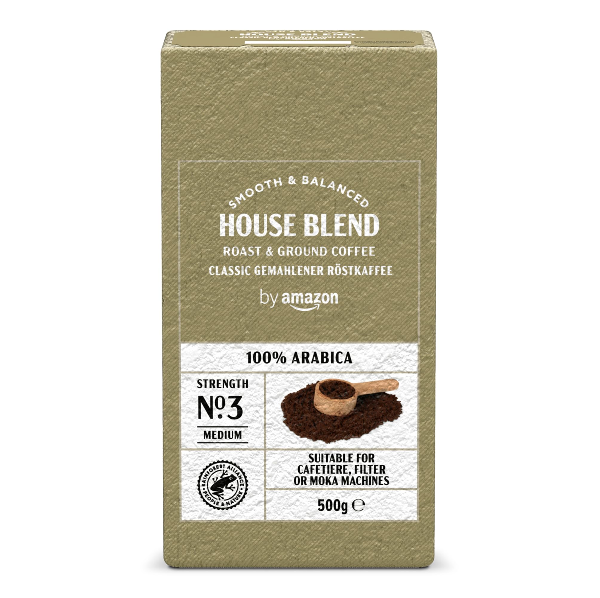 by Amazon Caffè Classico 100% Arabica Macinato e Tostato, Tostatura Media, 500g (1 Confezione da 500g) - Certificato Rainforest Alliance