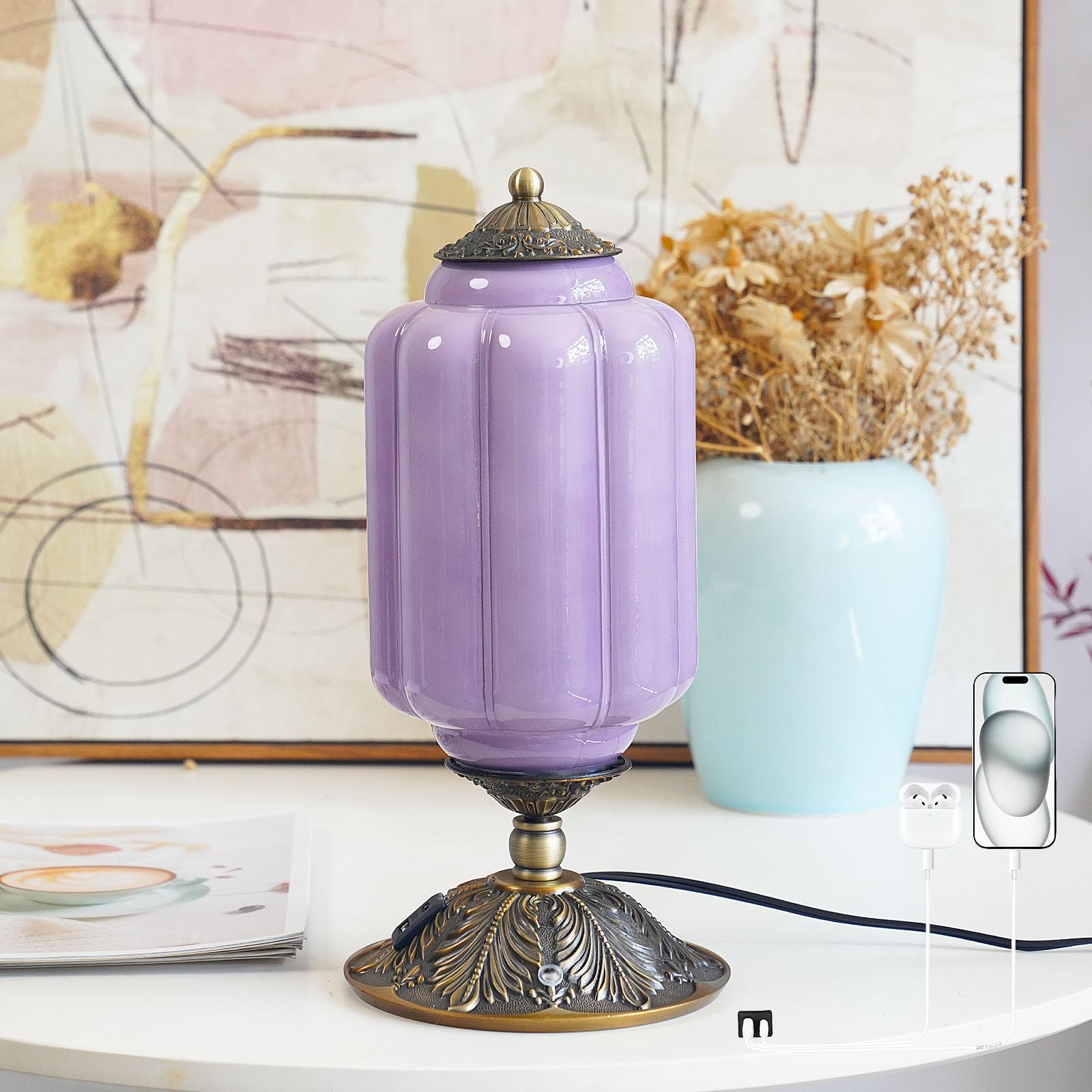 Vintage Purple Glass Touch Table Lamp Elegant MilK Glass Bedside Desk Lamp 3 Way Dimmable with USB C