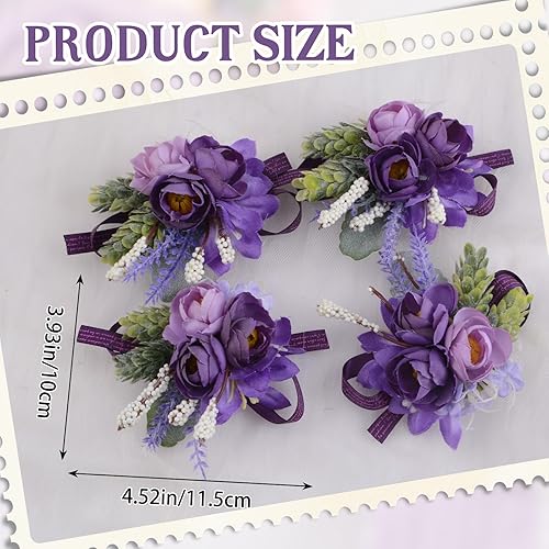 Miniatura 2 de URROMA 6 piezas de flores de ramillete de muñeca, ramillete morado para decoración de traje, decoración de flores de mano para dama de honor, novia,