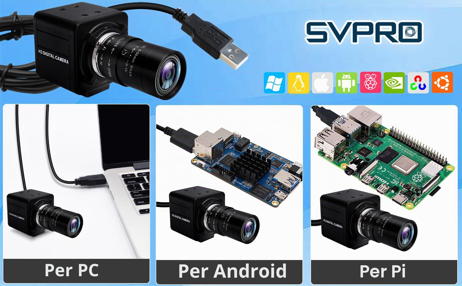 SVPRO Glof Swing Camera ad alta velocità 260fps 1080P 60fps Messa a fuoco manuale Webcam per computer con obiettivo 5-50mm Zoom ottico 10X Close-up per Windows Linux MacOS Android Raspberry Pi