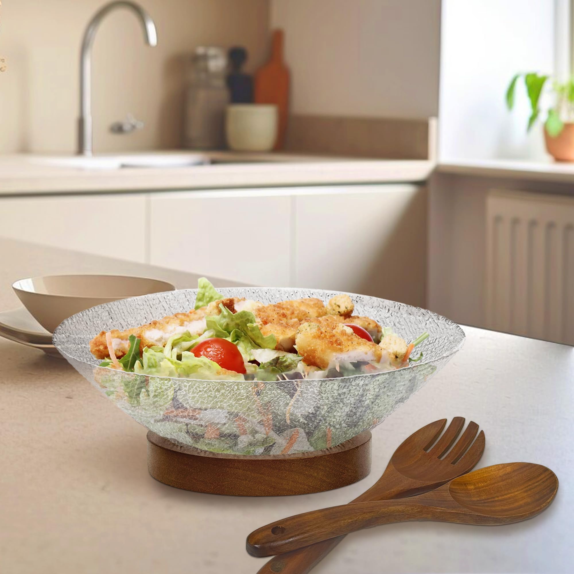 PROLEE Ensaladera, cuenco para servir ensalada extragrande, cuencos para servir con base de madera maciza, artículos esenciales de hosting (vidrio texturizado)