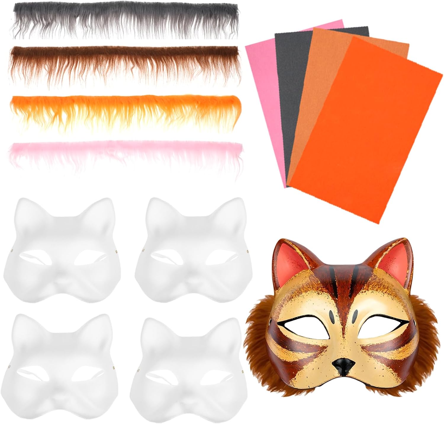 DIY Therian Mask Kit - 4 Packs Blank Cat Masks with Fur and Felt Sheet, Furry Animal Mask to Paint, Dress Up Costume Accessories for Halloween Christmas Cosplay Party