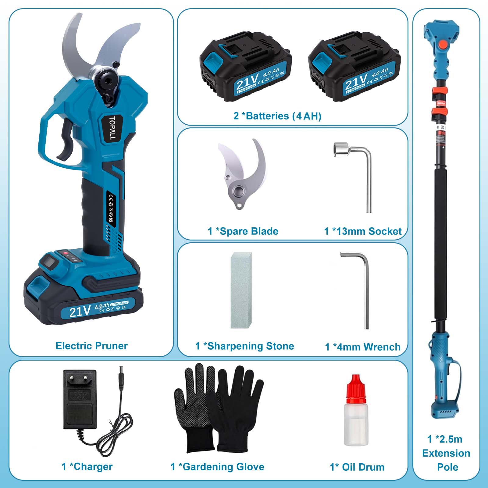 TOPALL Tijeras de Podar Electricas, 40MM Tijeras de Podar Bateria con Palo Telescópicas – Hasta 5M de Alcance, Profesionales Podadora Electrica con 2x4000mAh | 800W Motor Sin Escobillas | Pantalla LCD