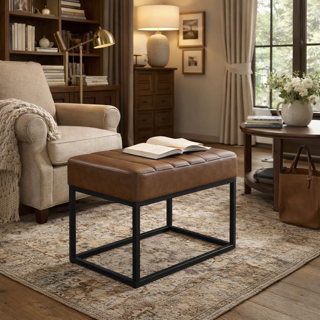 HomePop Theodore Channel Tufted Small Ottoman - Brown Faux Leather
