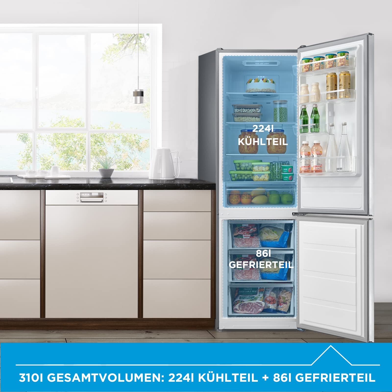 Midea 310L Kühlschrank mit gefrierfach, 188cm, NoFrost, GMCC Kompressor | Allaround Cooling, Digital Control, 42dB, 224L Kühlteil+86L 4 Sterne Gefrieren( -24℃), 224KWh/Jahr, Energieklasse E