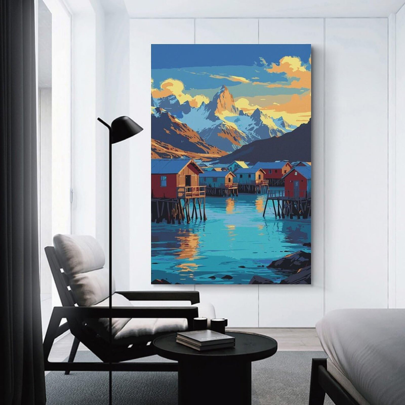 Junmoney Coastal Village with Mountain Backdrop Wall Picture Print 20x30inch(50x75cm), for Home Office, Desk Area Or Studio, Home Office Artwork with Decorative Appeal