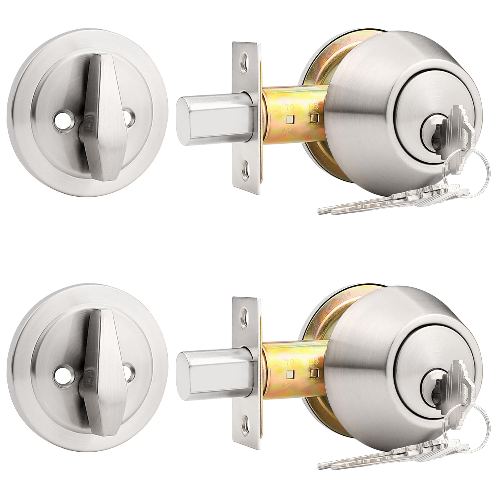 Probrico 2 Pack Satin Nickel Single Cylinder Deadbolt Lock Set