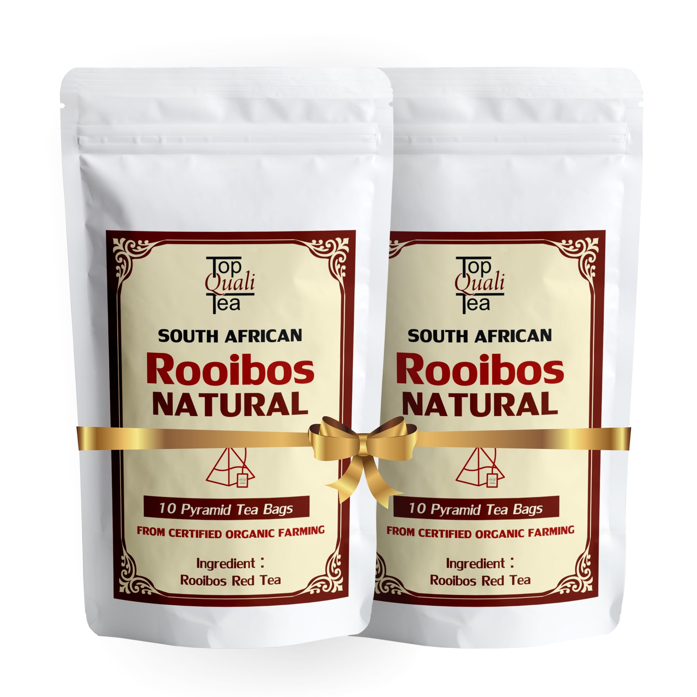 TopQualiTea South African Rooibos Herbal Infusion | 20 Pyramid Bags | 10 Bags X 2 Pack | Naturally Caffeine-Free | Rooibos Red Brew | Rich in Anti-Oxidants & Natural Herbal Beverage |