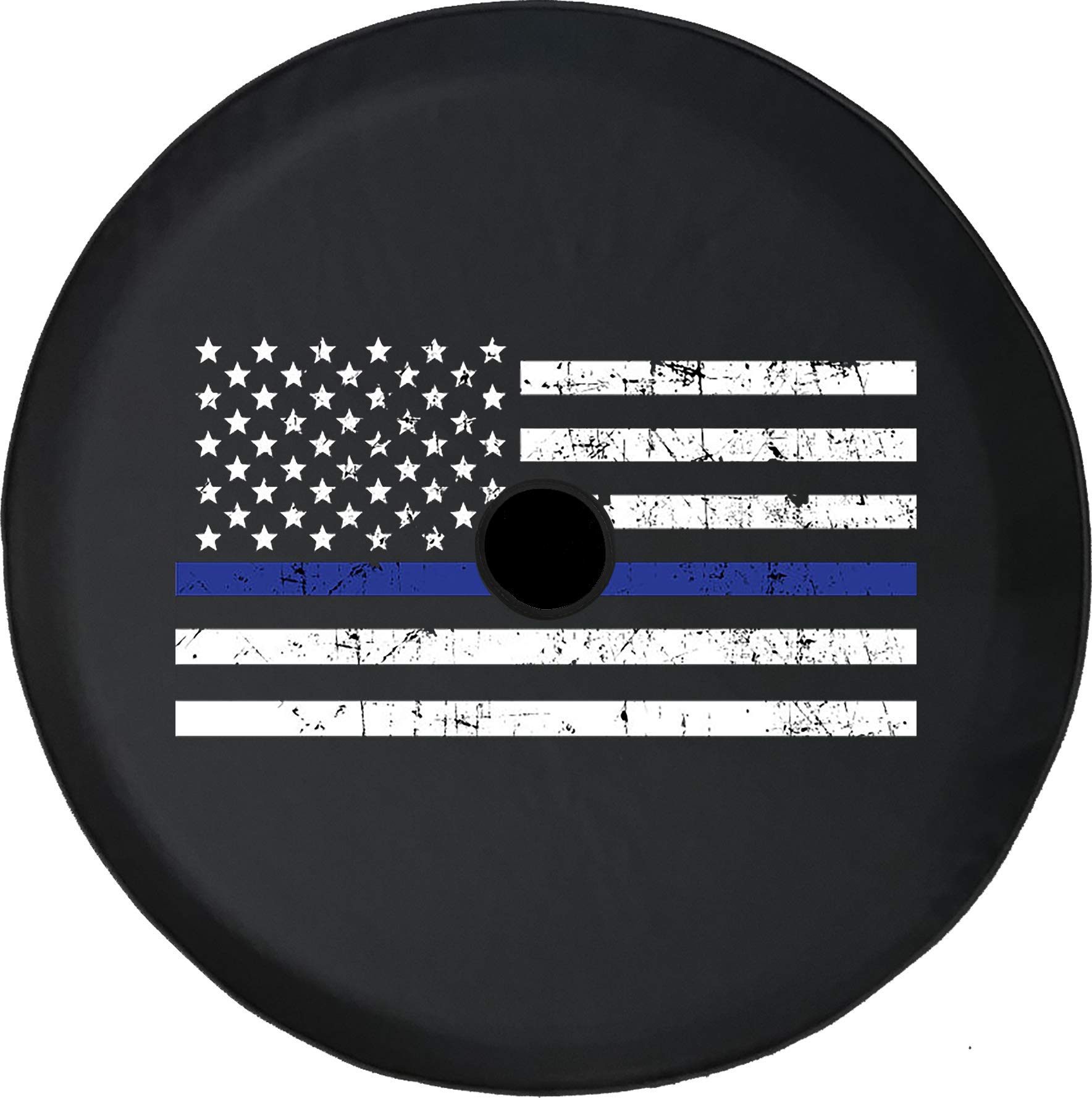 JL Series Spare Tire Cover with Backup Camera Hole Distressed American Flag Thin Blue Line Black 32 in