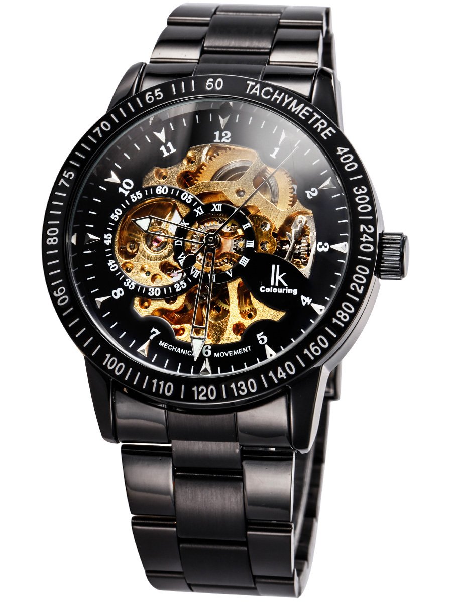 Alienwork IK Reloj Automático Hombre Mujer Negro Pulsera de Metal Acero Esqueleto Fondo de Vidrio