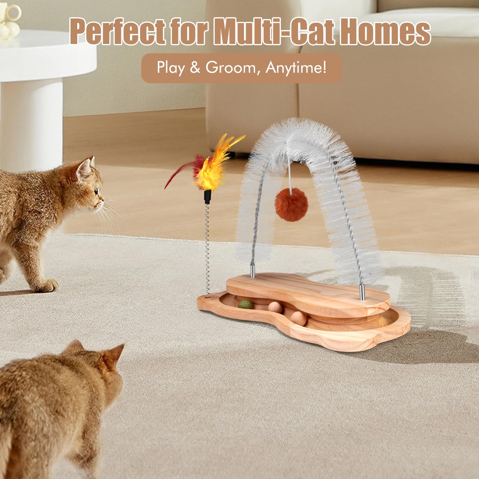 Rascador para gatos para interiores, poste para frotar cara y espalda, arco de aseo, cepillo masajeador para desprendimiento con gatito, juguete interactivo para perseguir caza, ejercicio físico