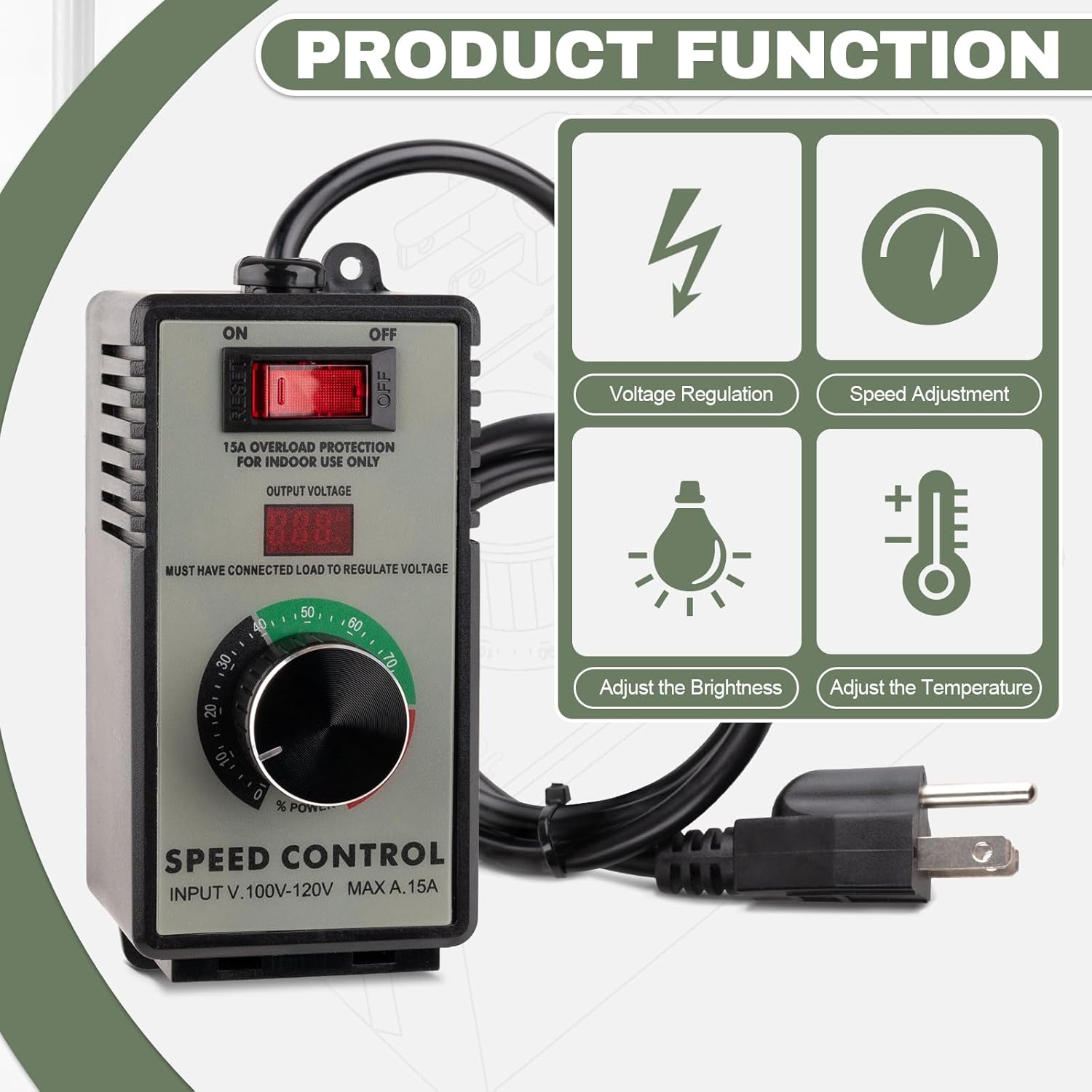 AC Motor Speed Controller 100V-120V 15A Variable Speed Regulator for Router, Drill, Fan, and Polishing Machine - Electronic Voltage Regulator with Overload Protection and LED Display