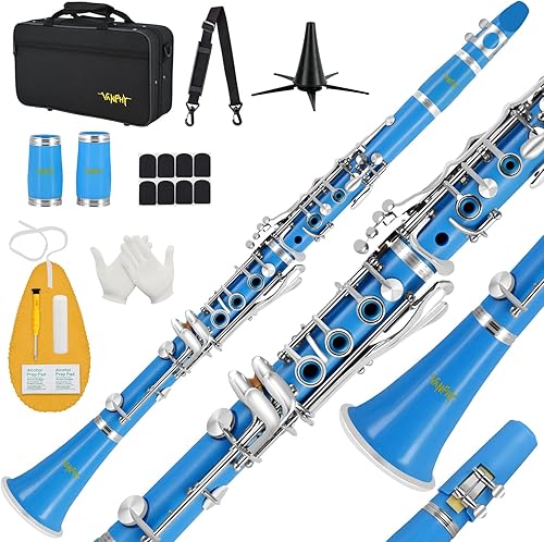 VANPHY Clarinete BB para estudiantes principiantes B Flat 17 teclas niqueladas clarinete con funda soporte correa 2 barriles 8 almohadillas de