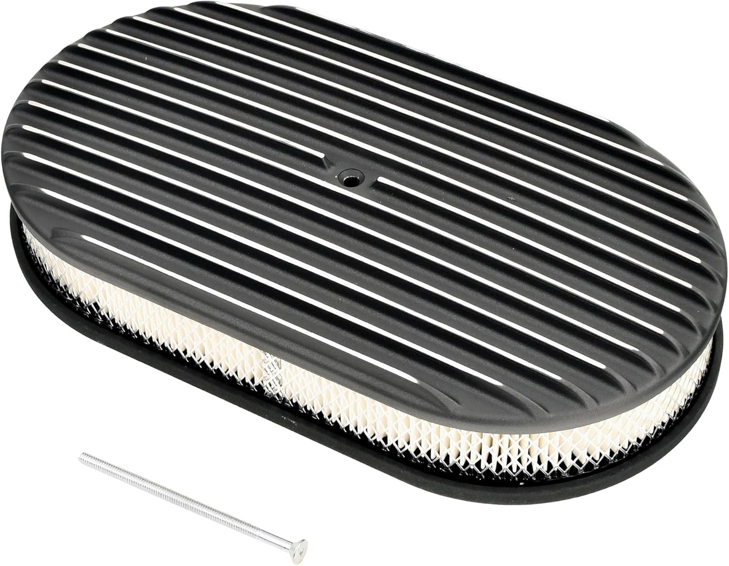 15’’ Air Cleaner for Carburetor, Oval Polished Aluminum Fully Finned Air Cleaner Element Compatible with Chevy-Black