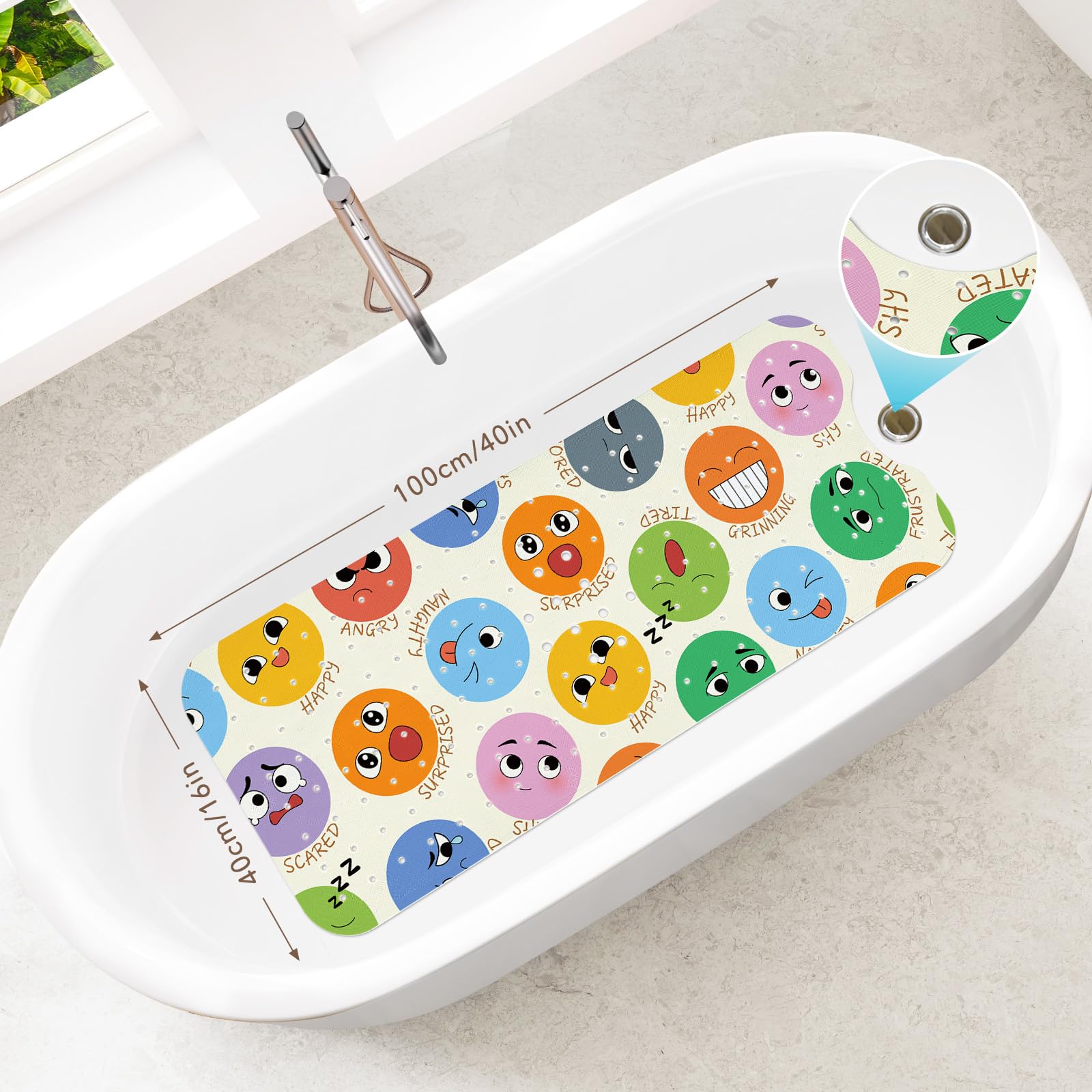 SHUCHING Tapis de Bain Antiderapant Enfant, Tapis Baignoire Bebe Antidérapant 100 X 40 cm, sans BPA Lavable en Machine et Résistant à la Moisissure, Expression Faciale