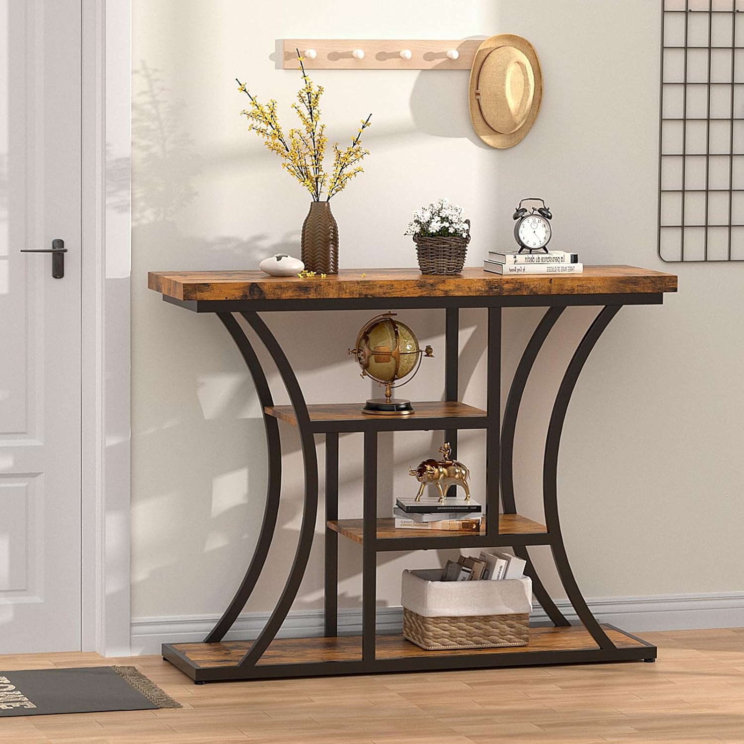 Vingud Console Table with Curved Frames and 3 Open Shelves, Entryway Table for Hallway Entrance Living Room, Rustic Brown + Black 41 inches