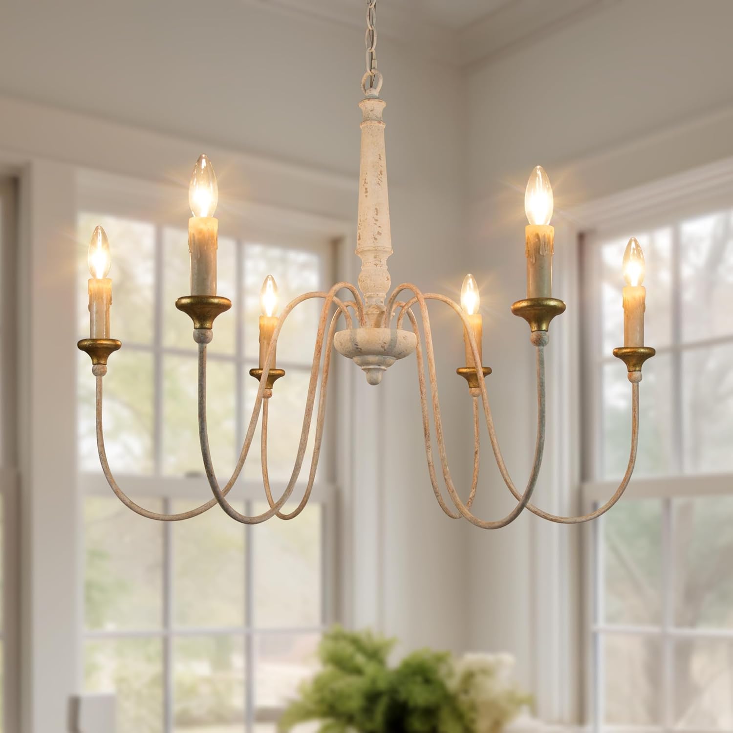 LALUZ French Country Chandelier, Farmhouse 6-Light Distressed White Wood Chandelier Light Fixture with Vintage Finish for Dining Room and Living Room, 30.5" Diameter