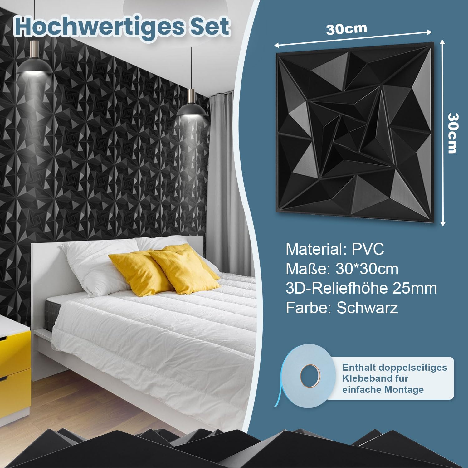 Panele ścienne 3D z diamentami, 36 sztuk, 30 x 30 cm (3,24 m²), do pokoju gamingowego, z taśmą klejącą, bardzo sztywne panele ścienne z PCW, wodoodporne, matowe czarne