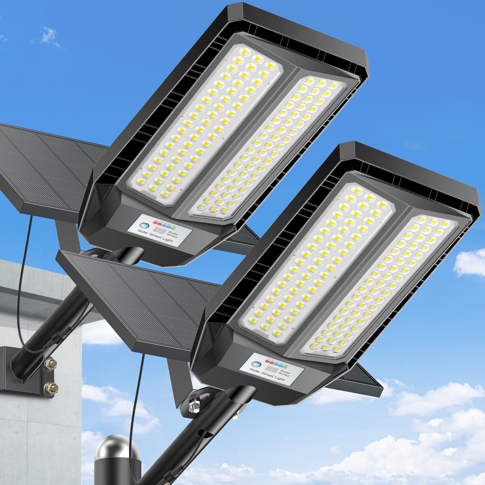 Adewalk 1200W*2 Stk. Solar Straßenlaterne mit Fernbedienung, IP66 Wasserdichte Solarlampen für Außen mit Bewegungssensor, 6500K Split Solarleuchten LED Solar Strahler Außen für Gärten Garage Straßen