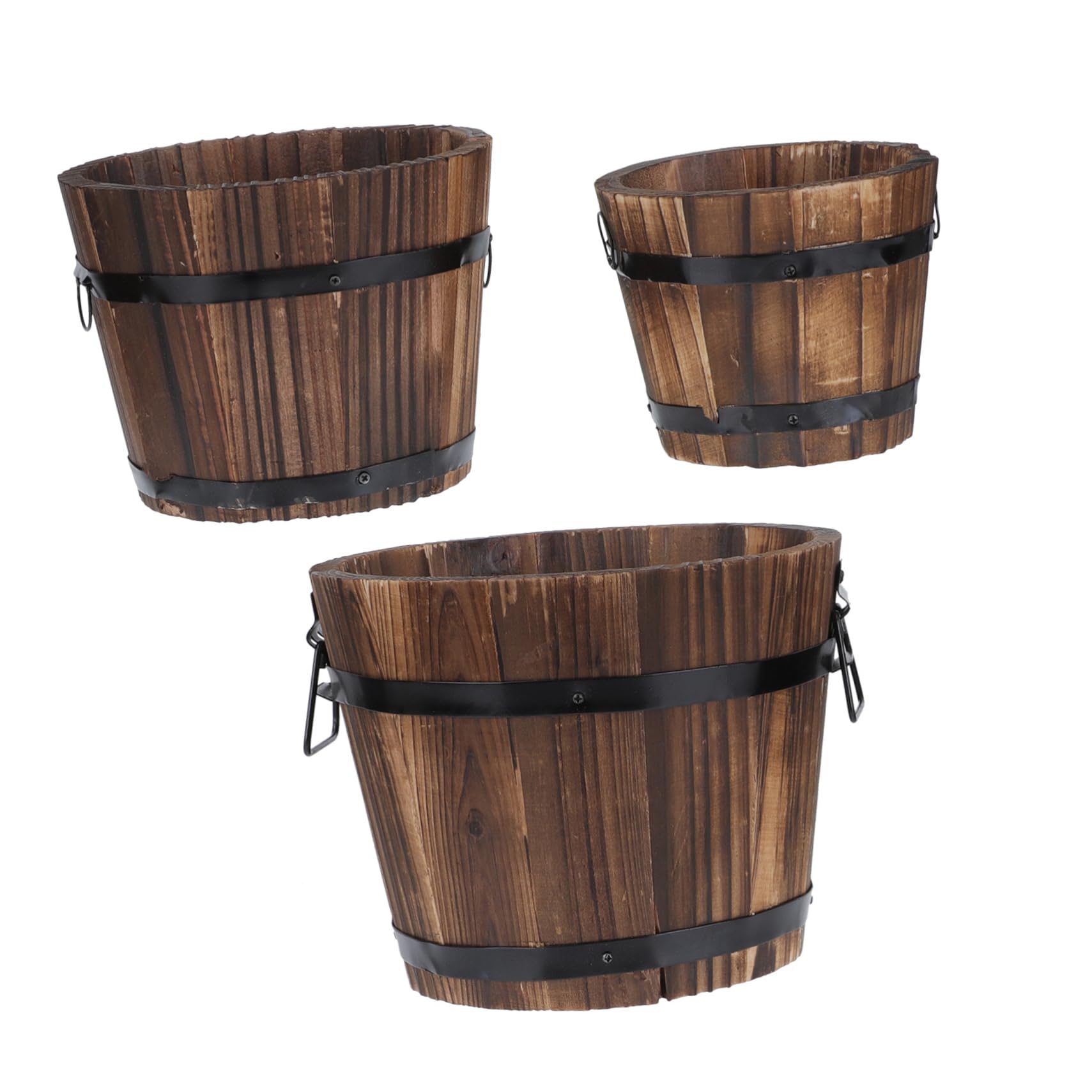 HANABASS Set 3 Vasi in Legno Effetto Botte, Colore Caffè, per Fiori | Piante e Decorazione Giardino, Stile Rustico, Design Compatto, Finitura Naturale