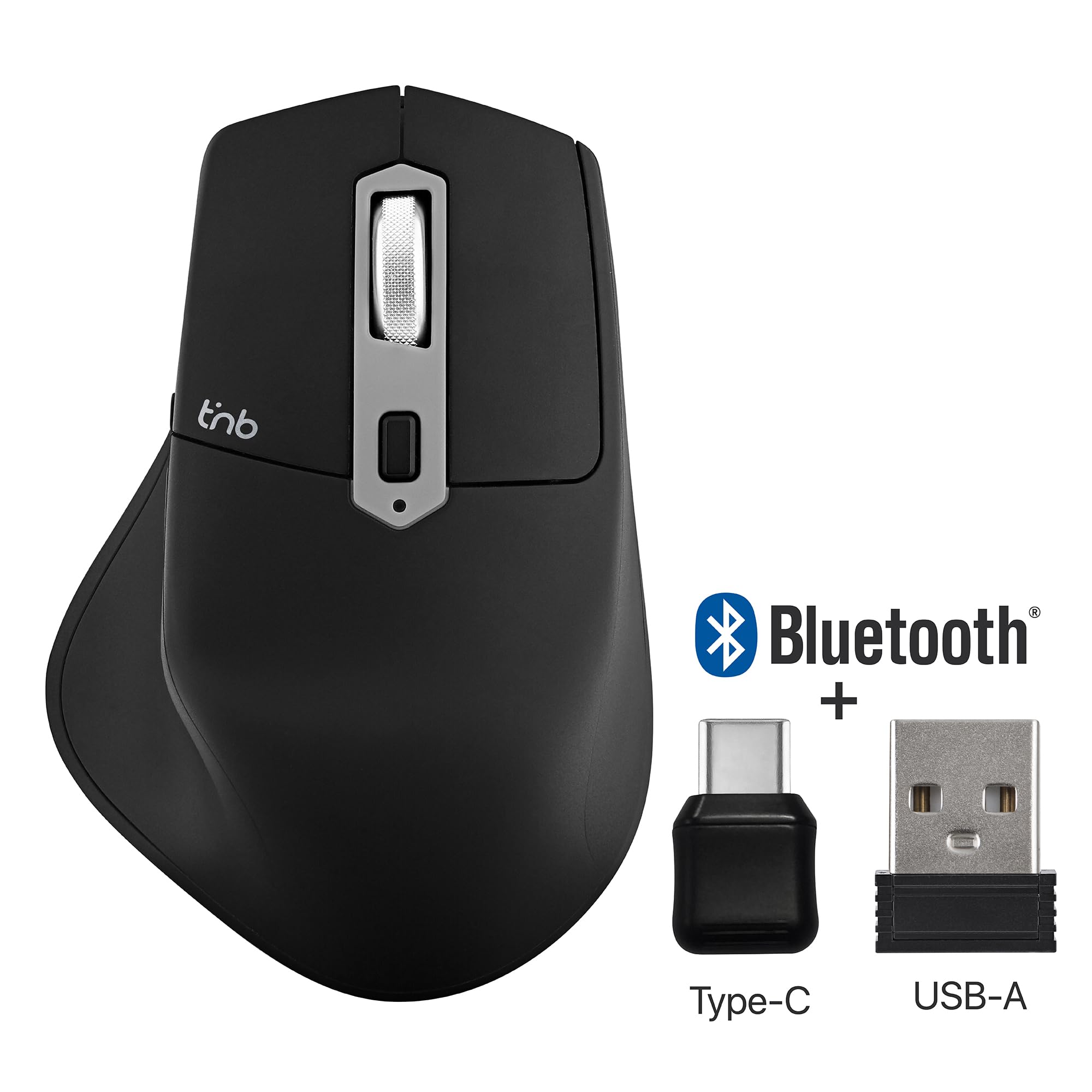 T'nB Mento Mouse 3 Modalità Bluetooth USB A e USB-C Ricaricabile Alta Durata Batteria Alta Precisione 2400 DPI Impugnatura Molto Confortevole Sensazione Naturale 7 Tasti - Nero