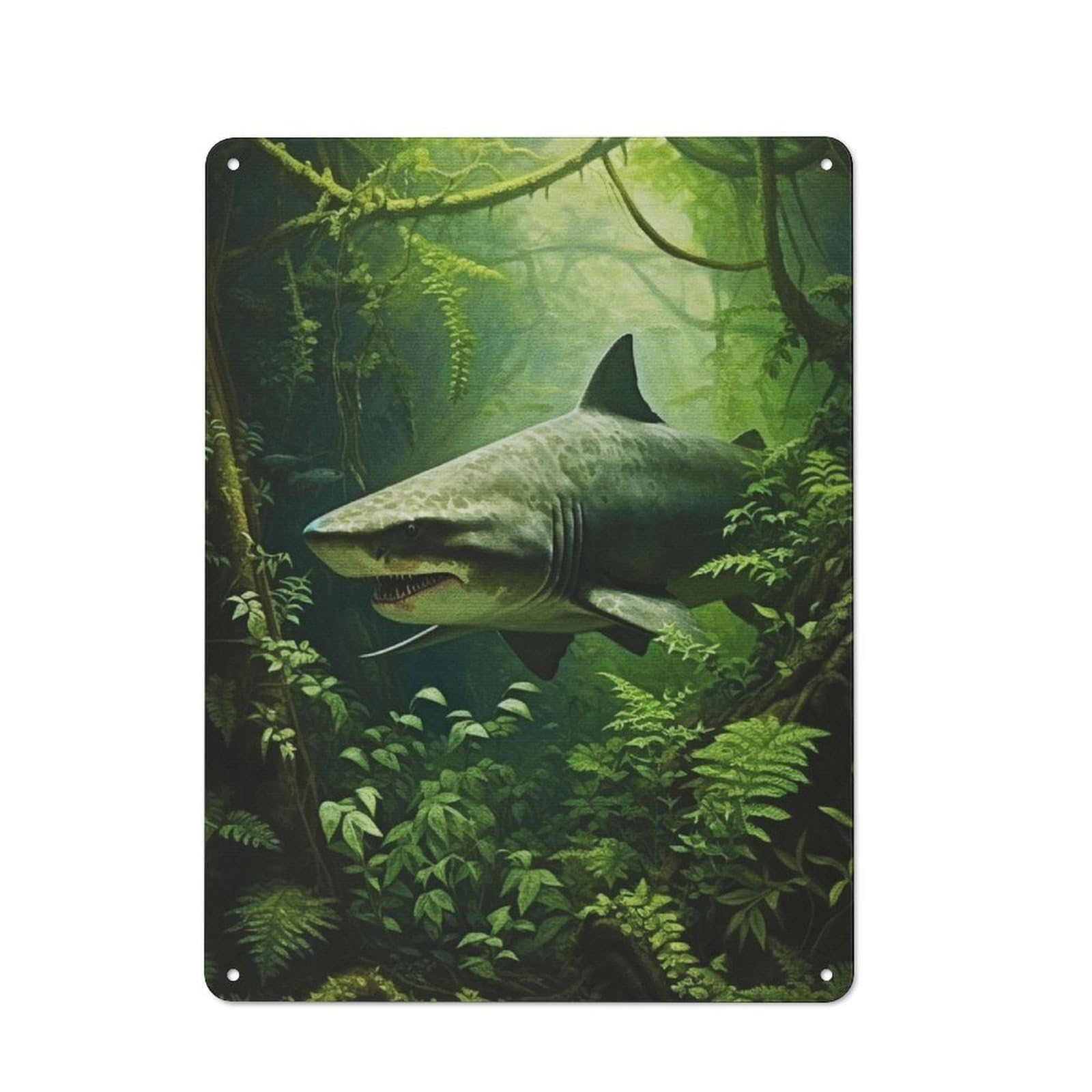 Junmoney Shark Hunter In Jungle Vintage Tin Sign 40X30cm With For Hobby Room Or Studio, For Metal Sign Collectors, For Garage And Workshop Walls